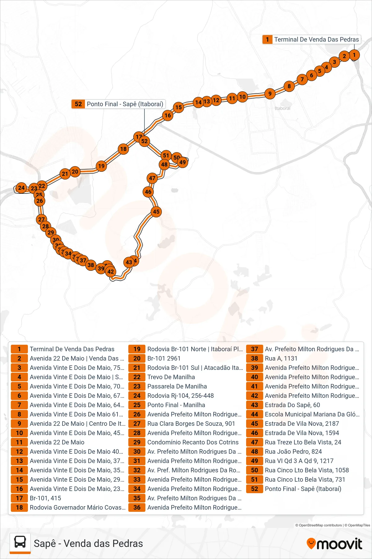 Rota e paradas da linha de ônibus 63 (Sapê) no mapa