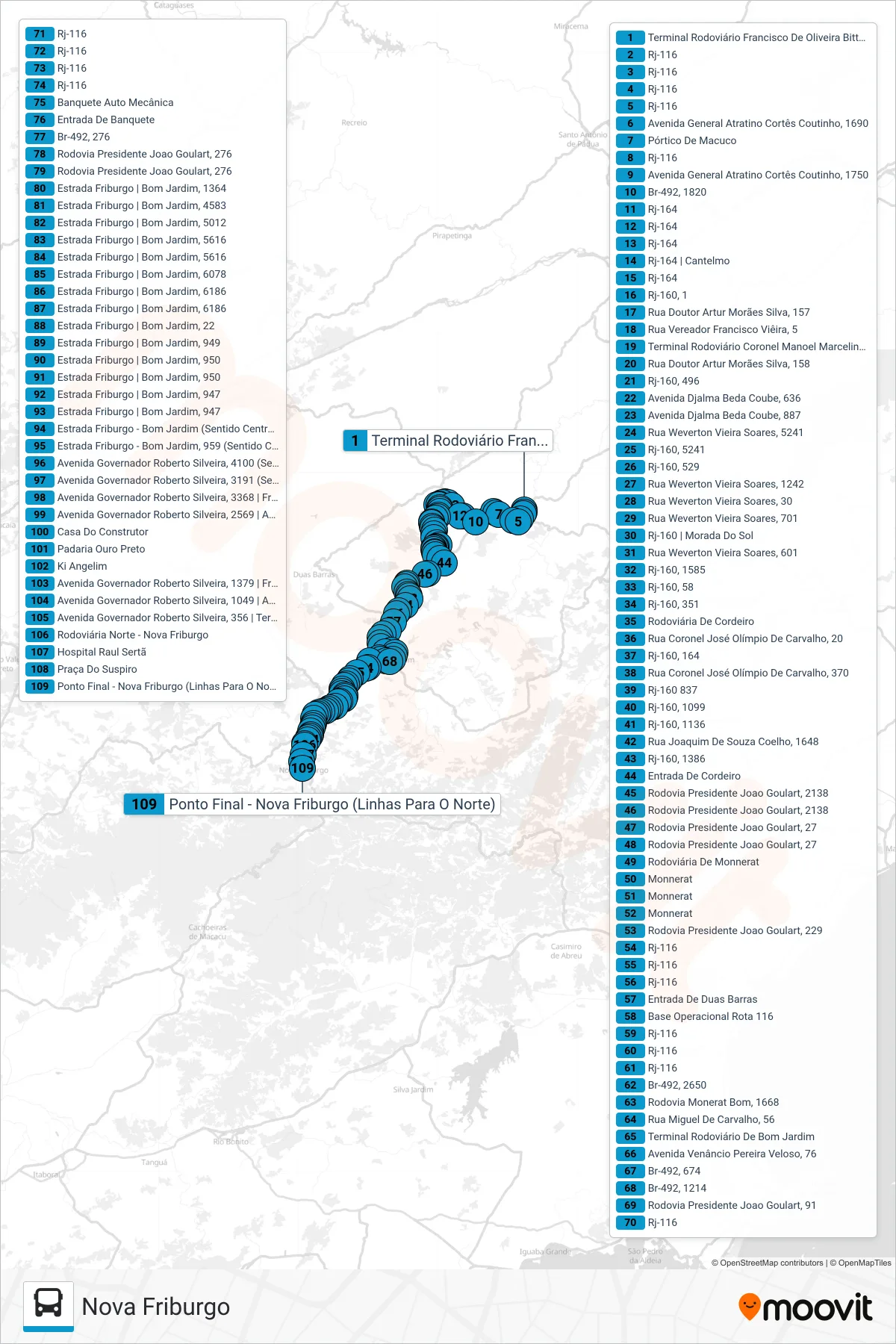 Rota e paradas da linha de ônibus S109 (Nova Friburgo) no mapa