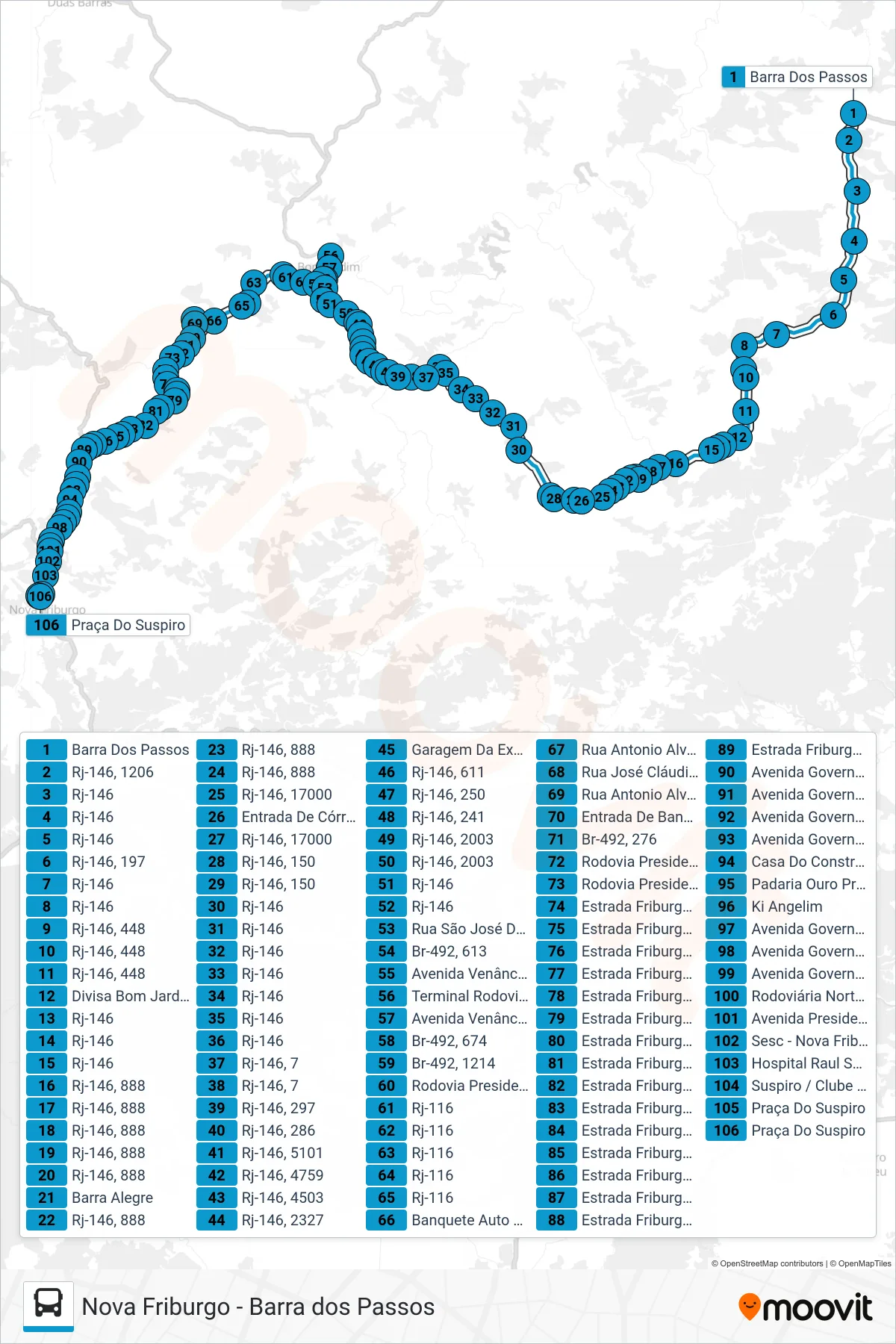 Rota e paradas da linha de ônibus S400 (Nova Friburgo) no mapa