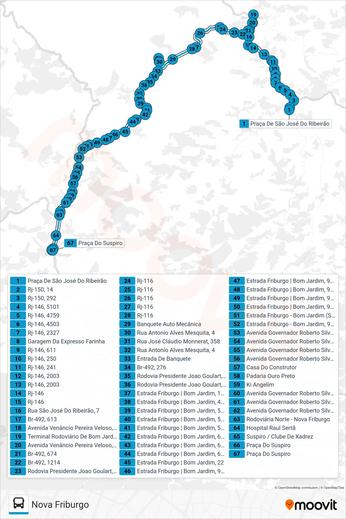 Rota e paradas da linha de ônibus S402 (Nova Friburgo) no mapa