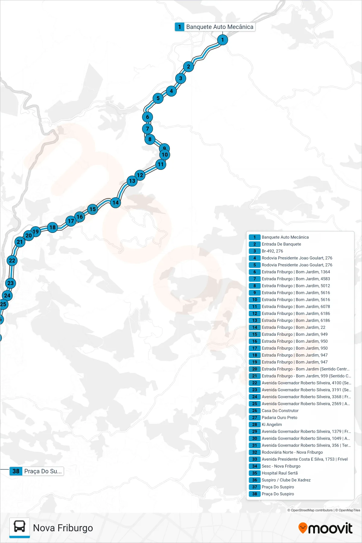 Rota e paradas da linha de ônibus S403 (Nova Friburgo) no mapa