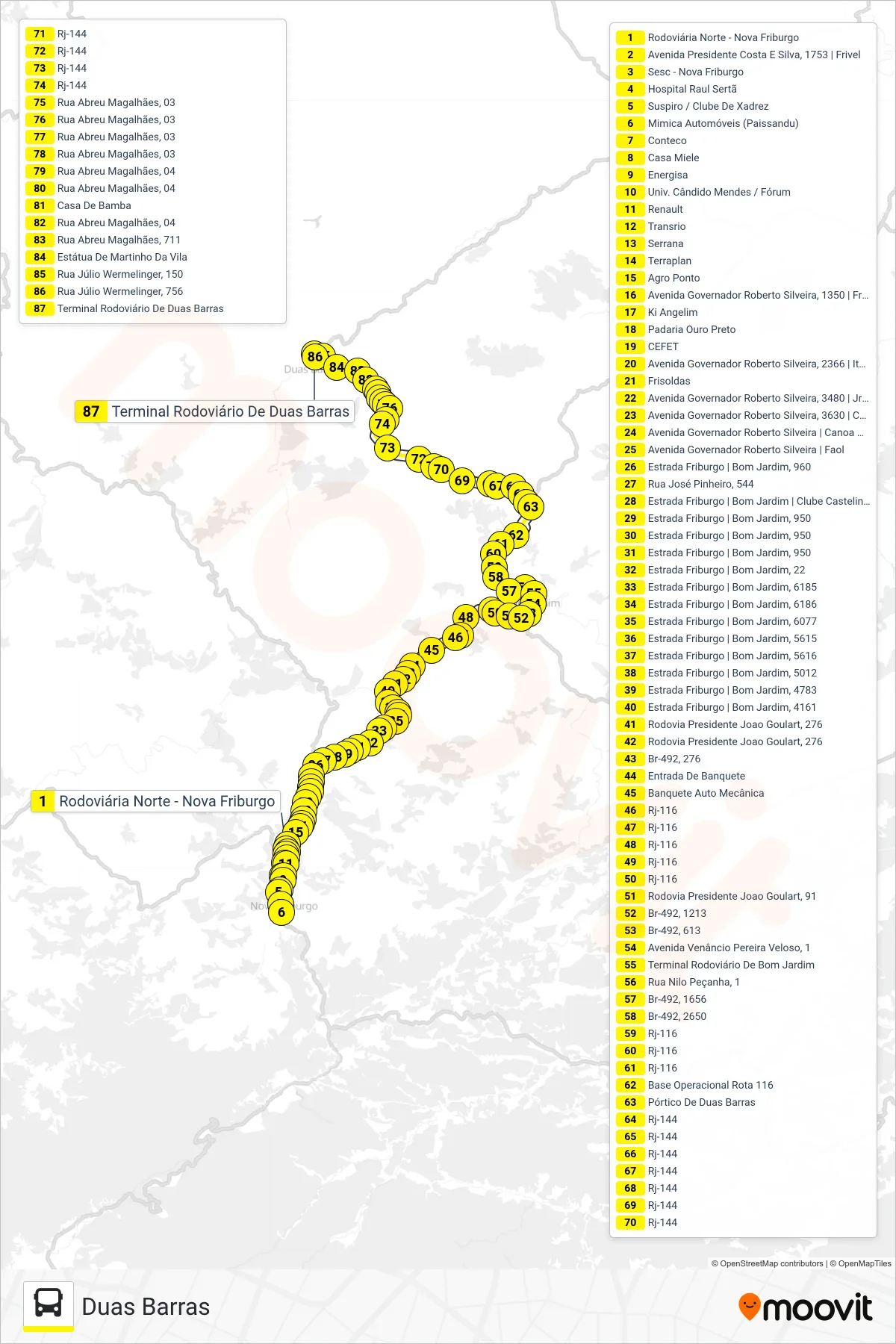 Rota e paradas da linha de ônibus SP72 (Duas Barras) no mapa