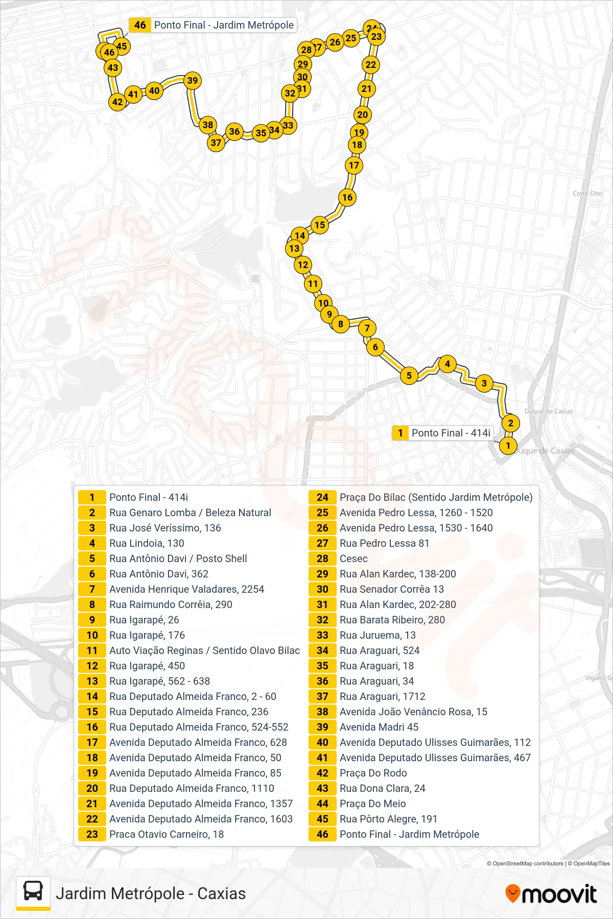 414I bus Line (Jardim Metrópole) route and stops on a map