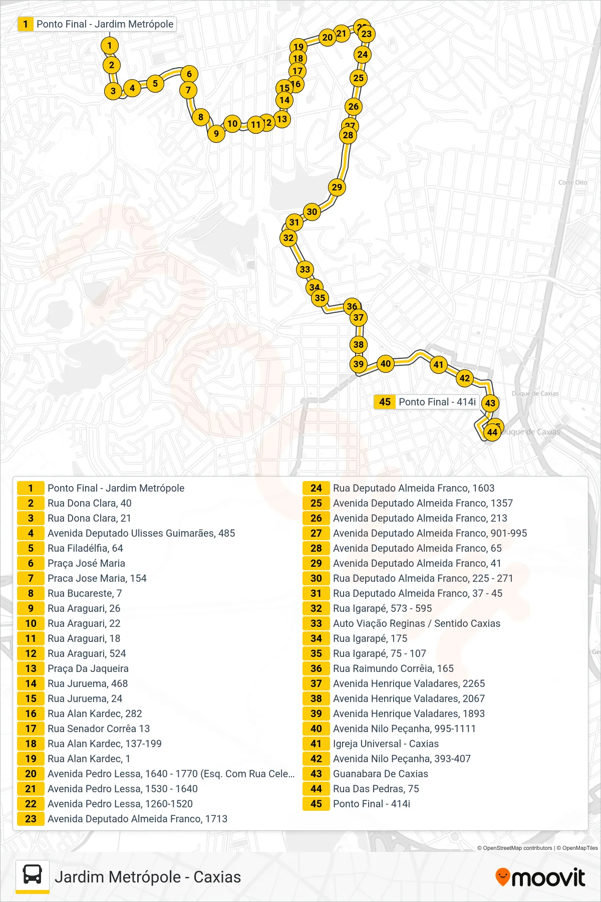 Rota e paradas da linha de ônibus 414I (Caxias (Via Jaqueira)) no mapa
