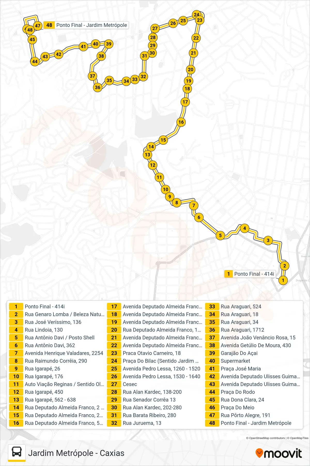 414I bus Line (Jardim Metrópole (Via Jaqueira)) route and stops on a map