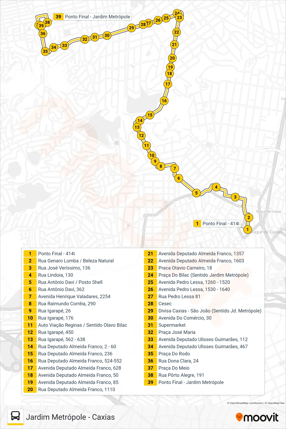 Rota e paradas da linha de ônibus 414I (Jardim Metrópole (Avenida do Comércio)) no mapa