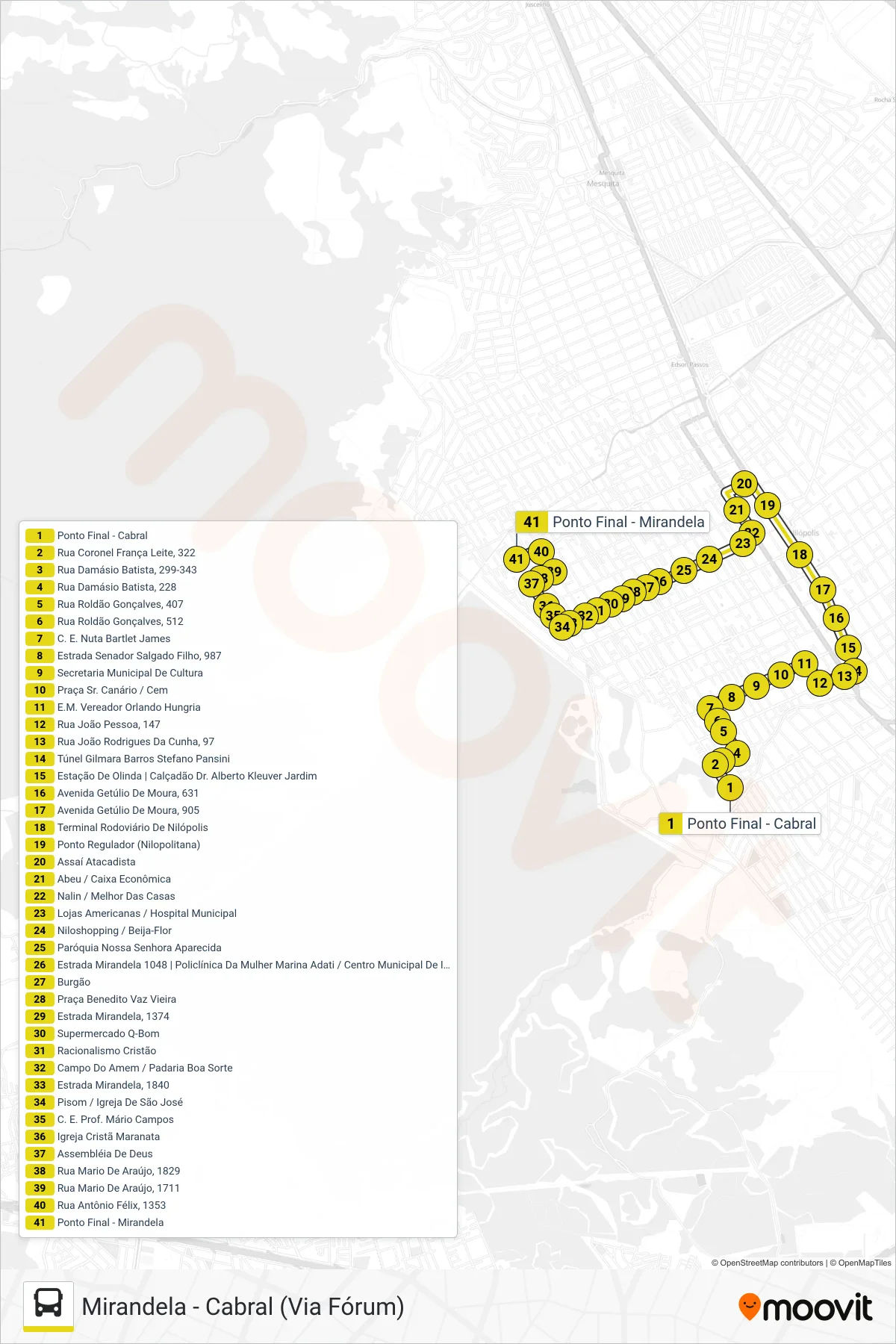 Rota e paradas da linha de ônibus  001  (Mirandela) no mapa