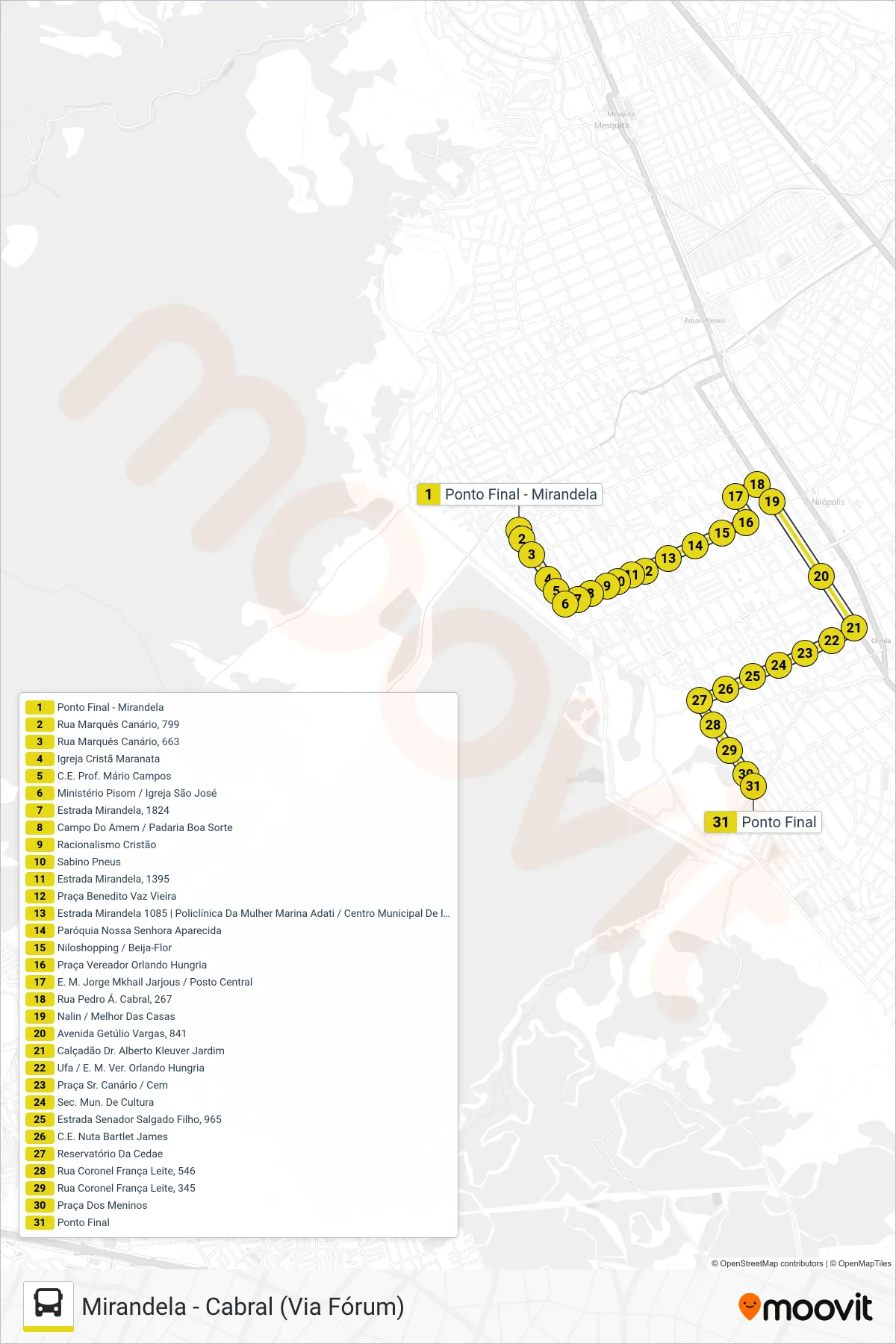 Rota e paradas da linha de ônibus 001 (Cabral) no mapa
