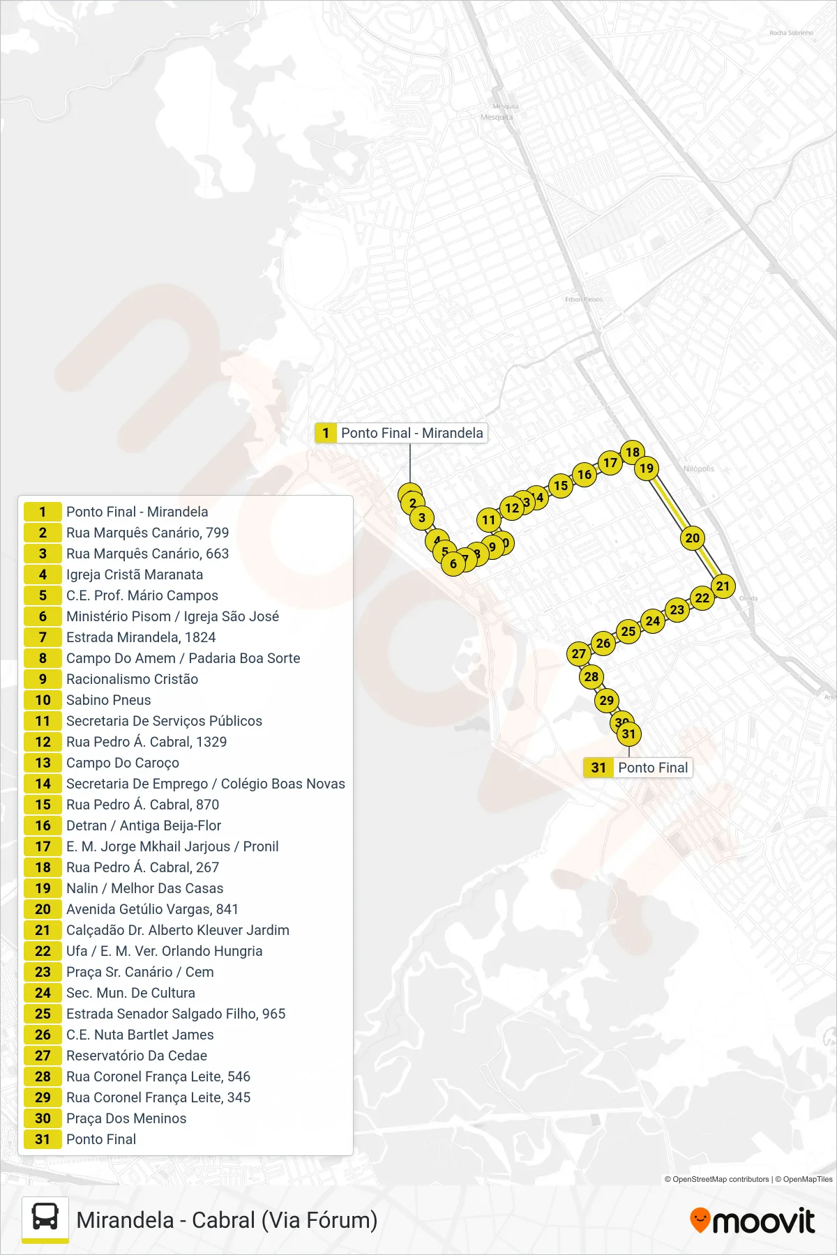 001 bus Line (Cabral (Desvio Feira Livre Mirandela)) route and stops on a map