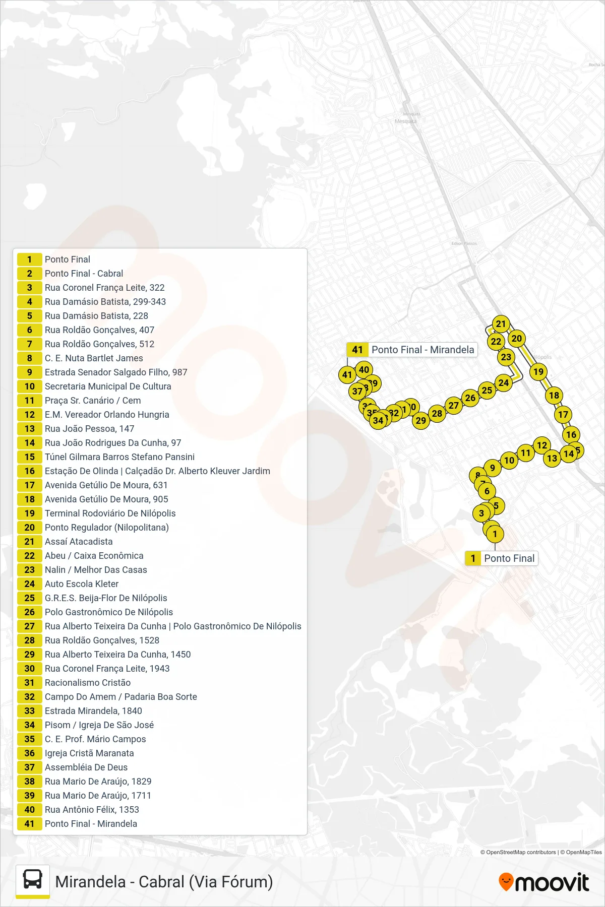 Rota e paradas da linha de ônibus 001 (Mirandela (Desvio Feira Livre Mirandela)) no mapa
