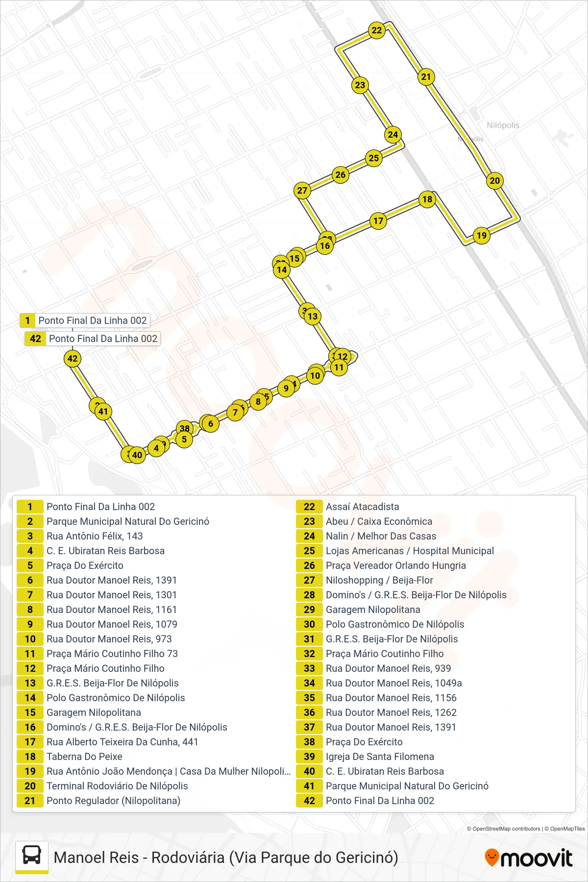 Rota e paradas da linha de ônibus 002 (Manoel Reis (Circular)) no mapa