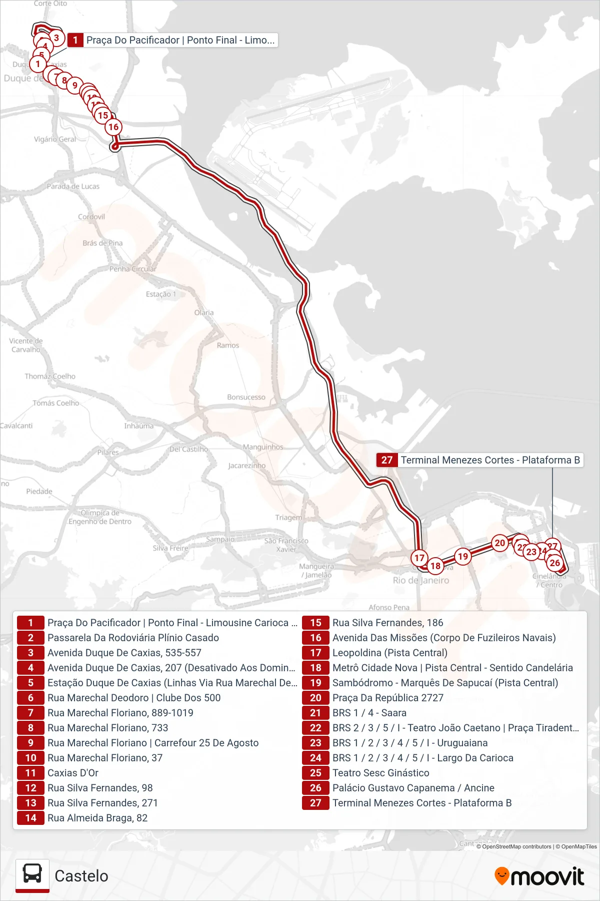 Rota e paradas da linha de ônibus 2111C (EXECUTIVO) (Castelo) no mapa