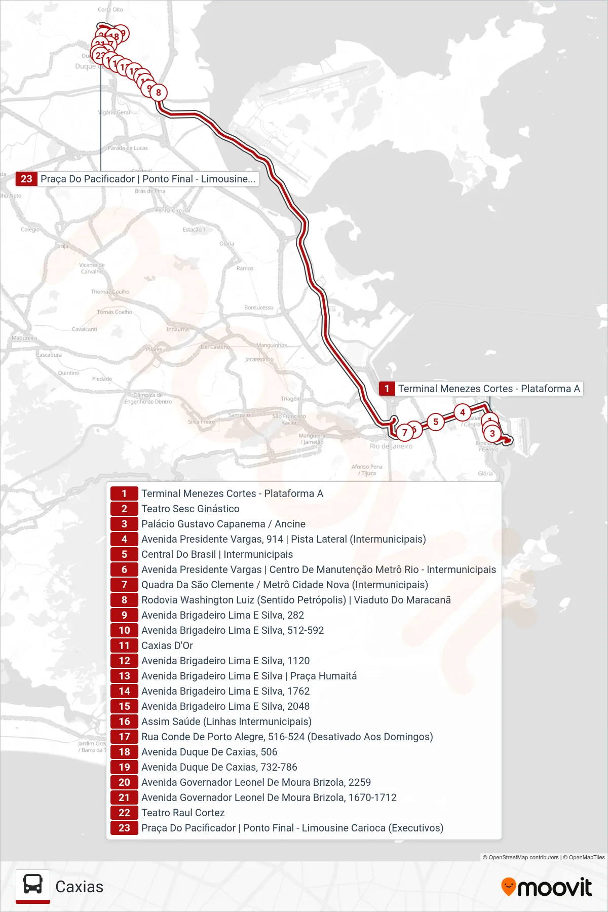 Rota e paradas da linha de ônibus 2111C (EXECUTIVO) (Caxias) no mapa