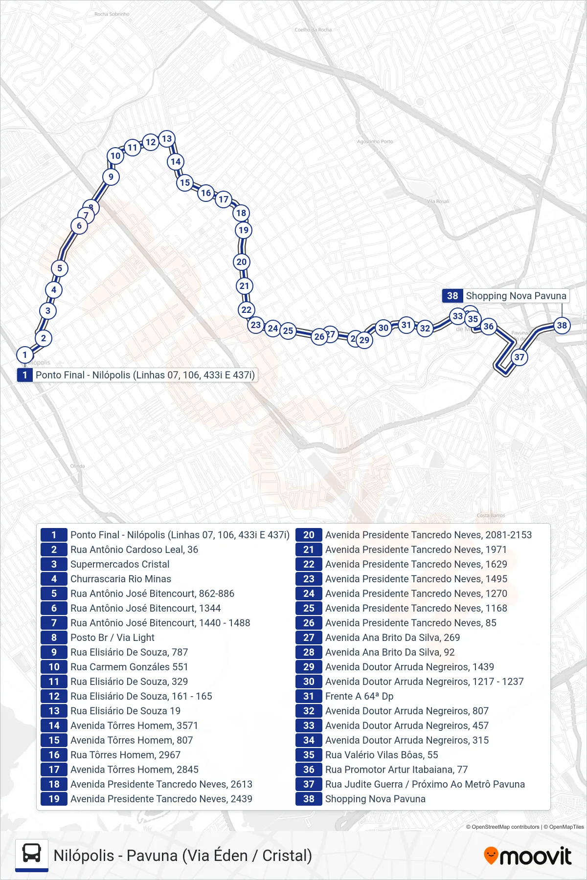Rota e paradas da linha de ônibus 106 (Pavuna) no mapa