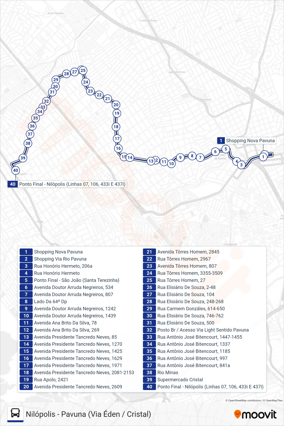 Rota e paradas da linha de ônibus  106  (Nilópolis) no mapa