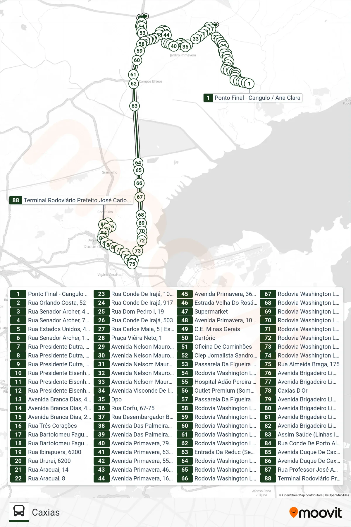 Rota e paradas da linha de ônibus 025A (Caxias) no mapa