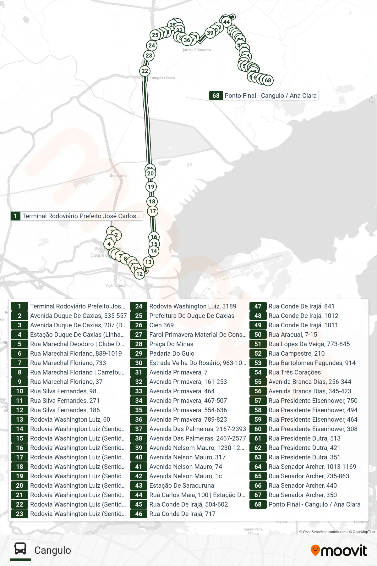 Rota e paradas da linha de ônibus 025A (Cangulo) no mapa