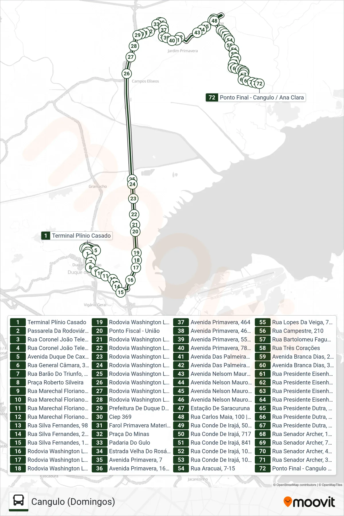 Rota e paradas da linha de ônibus 025A (Cangulo (Domingos)) no mapa