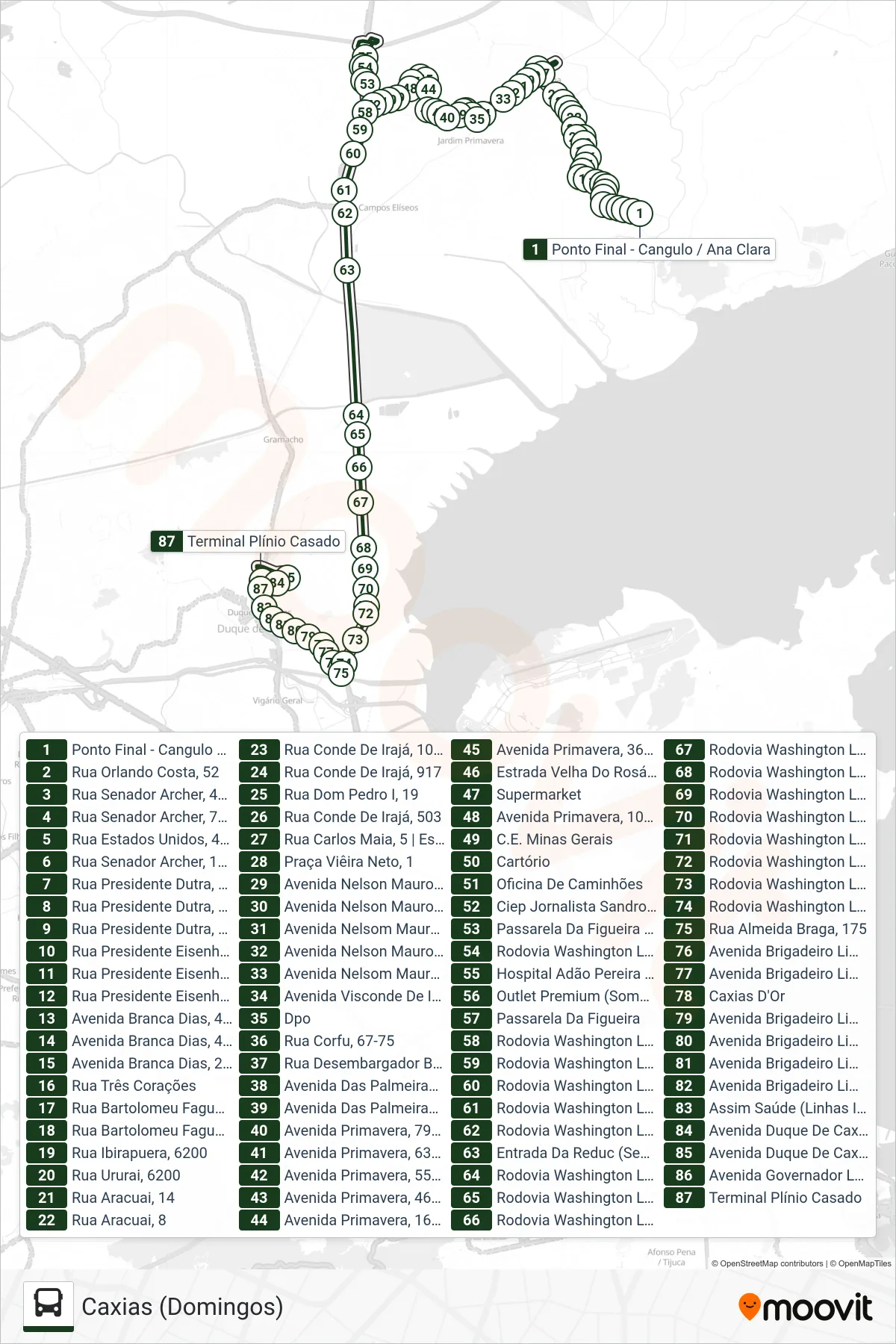 Rota e paradas da linha de ônibus 025A (Caxias (Domingos)) no mapa