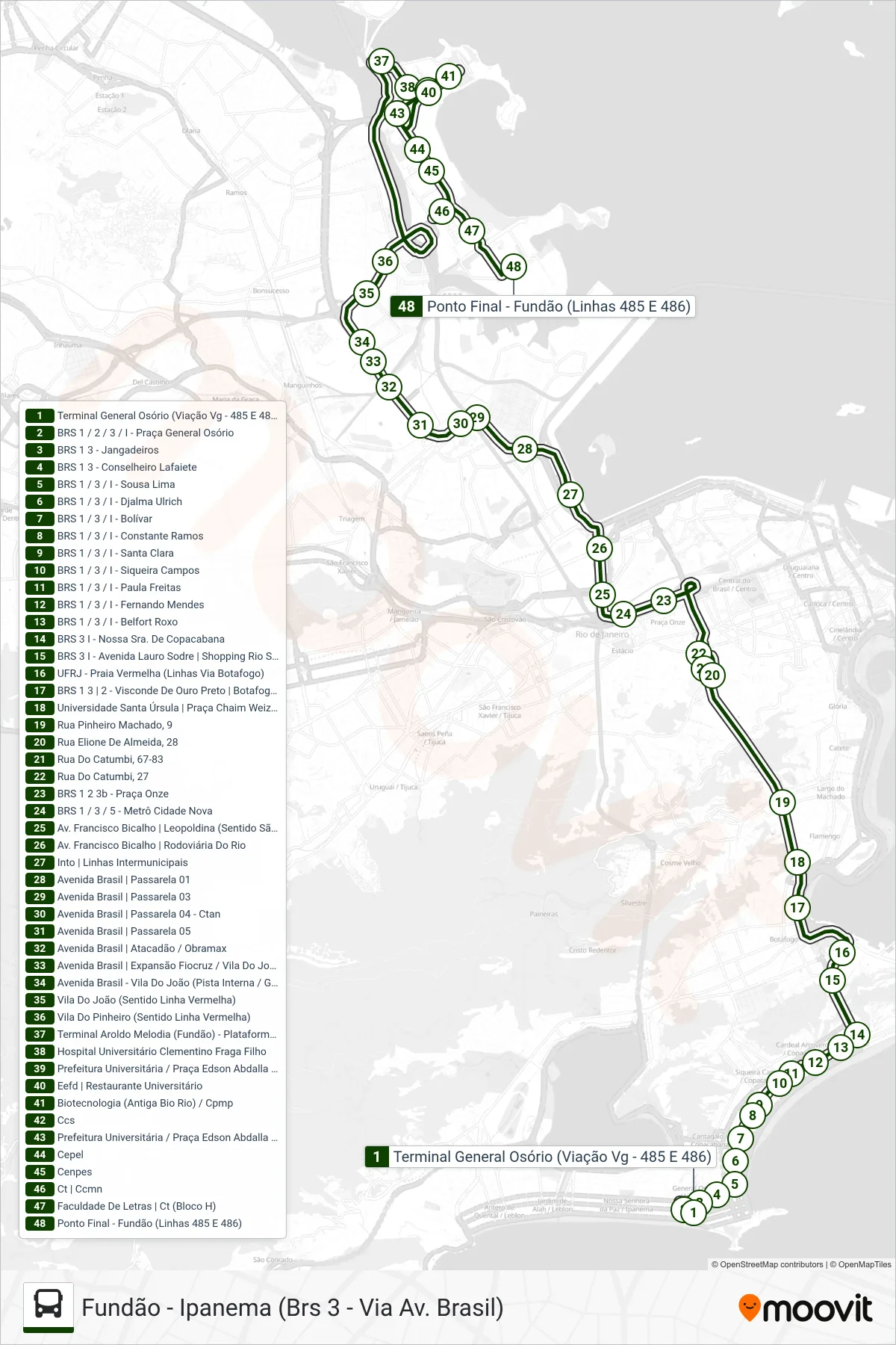 Rota e paradas da linha de ônibus 486 (Fundão) no mapa