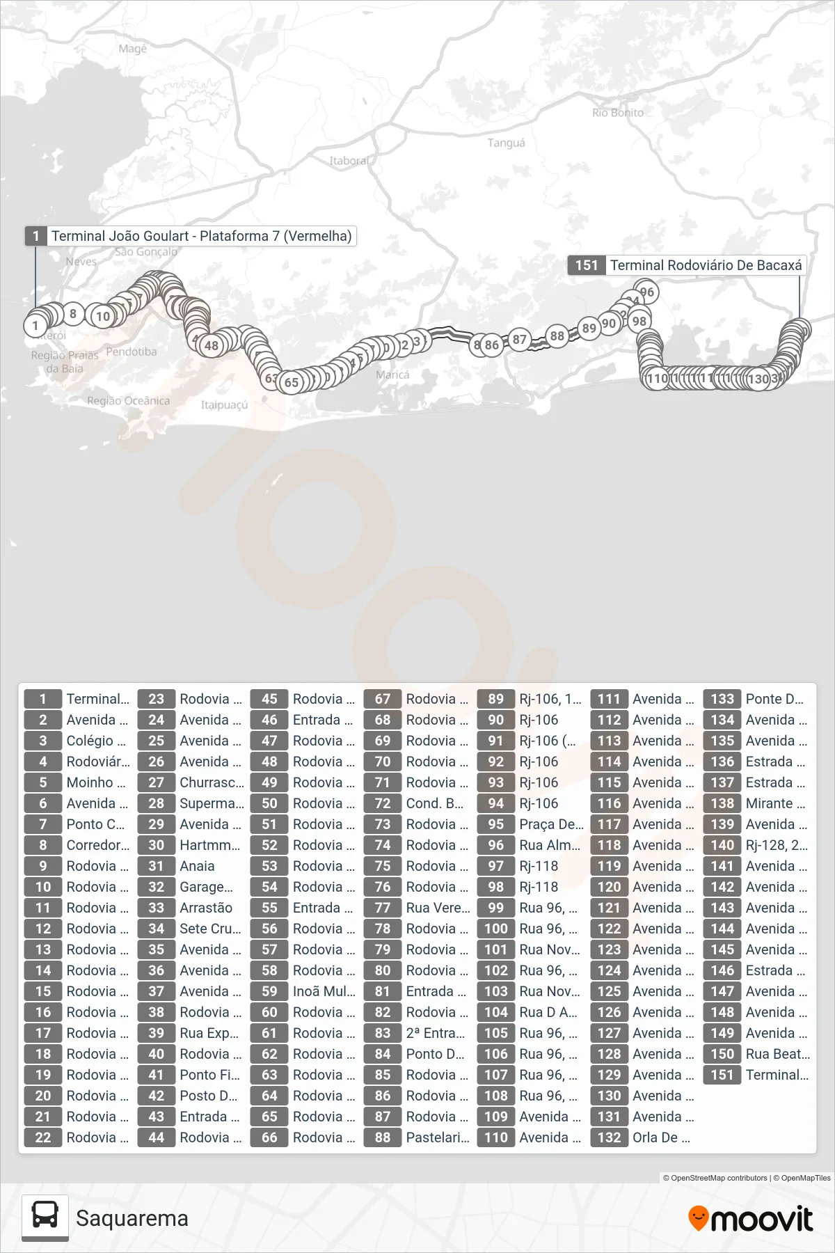 Rota e paradas da linha de ônibus EXECUTIVO (Saquarema) no mapa
