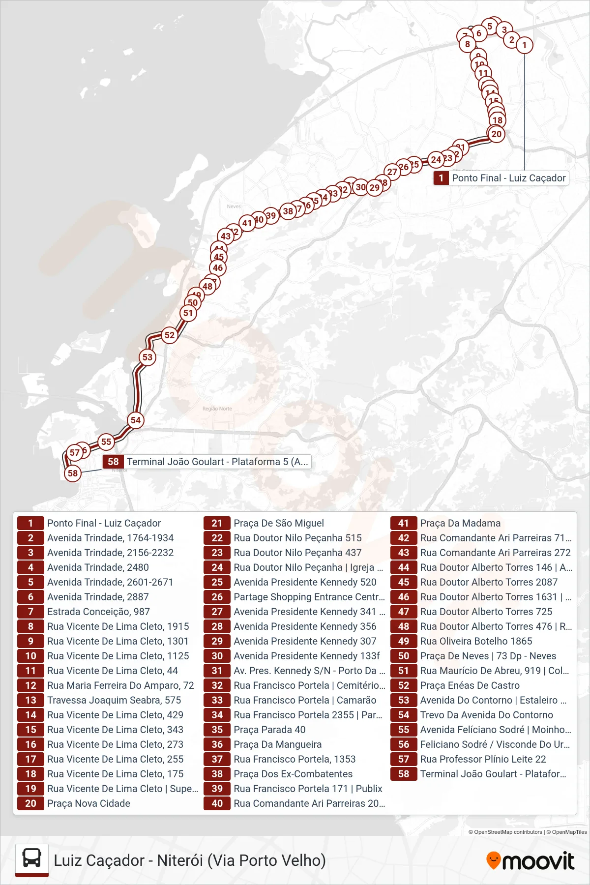 Rota e paradas da linha de ônibus 401 (Niterói) no mapa