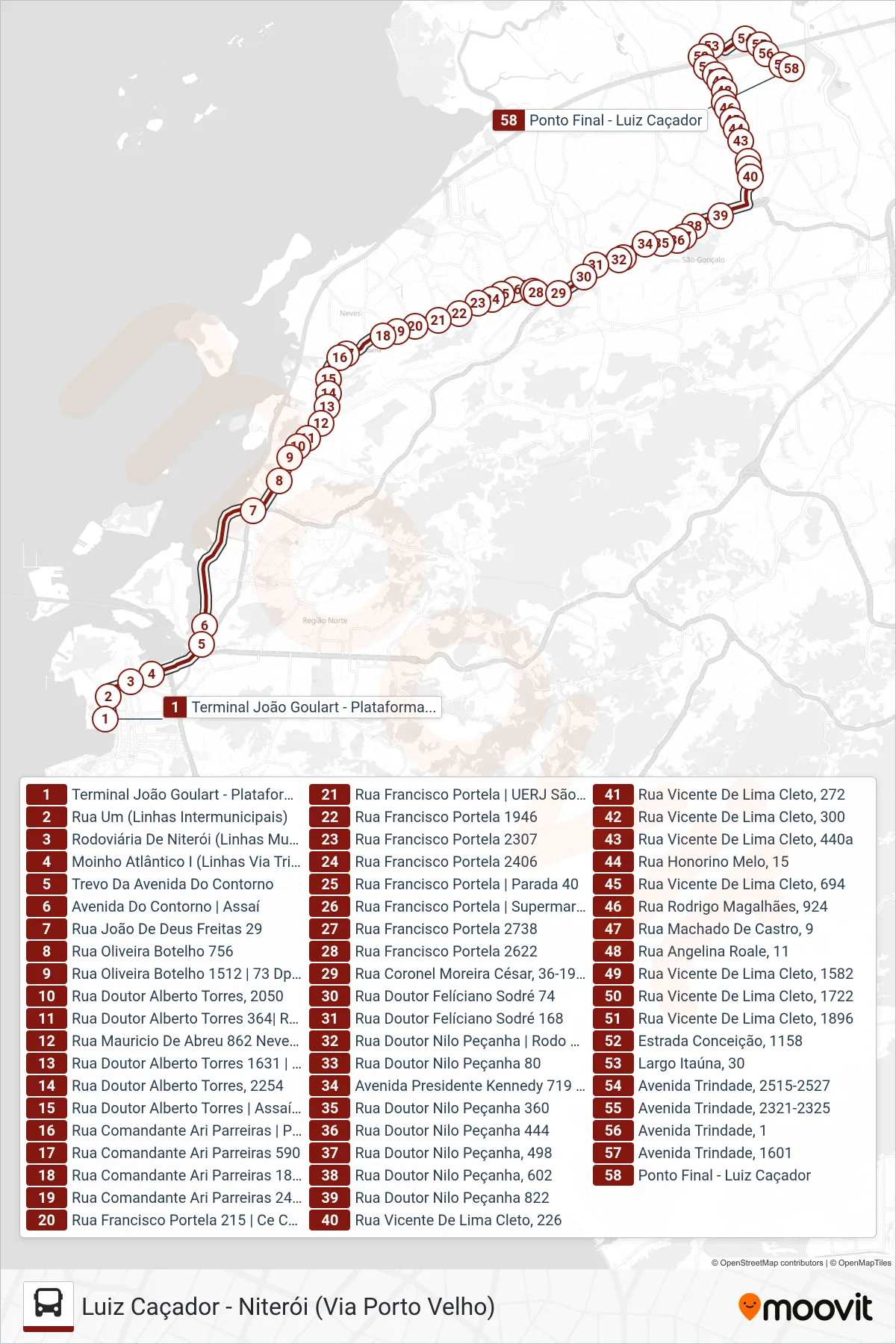 Rota e paradas da linha de ônibus 401 (Luiz Caçador) no mapa