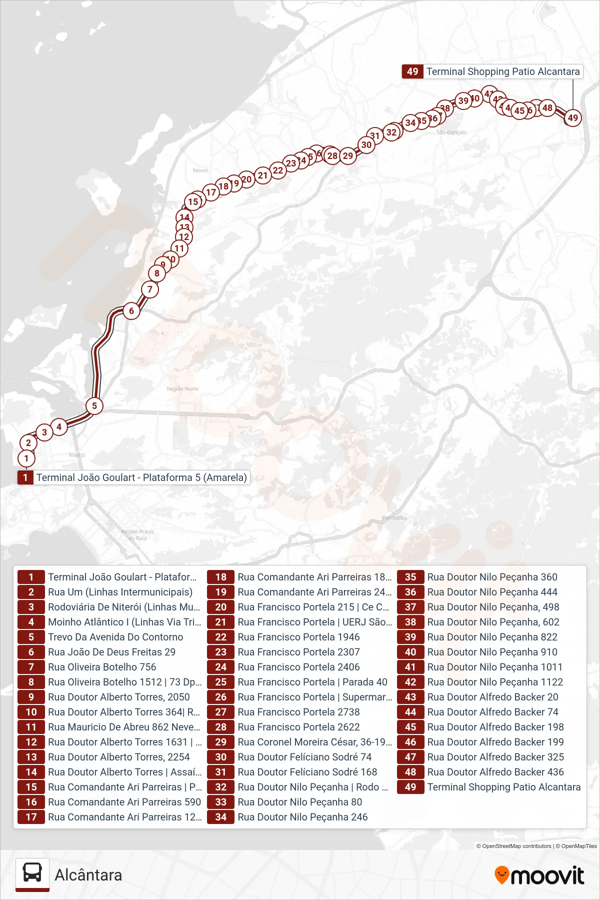 Rota e paradas da linha de ônibus 408 (Alcântara) no mapa