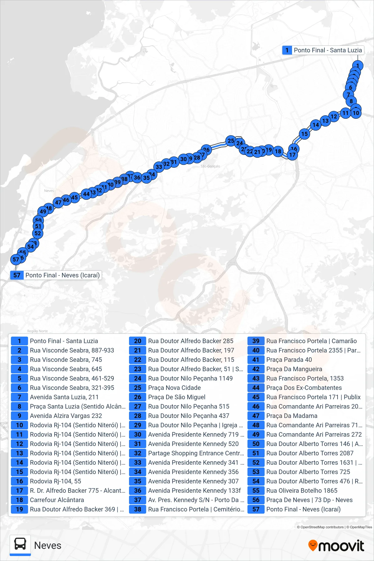 Rota e paradas da linha de ônibus 13B (Neves) no mapa
