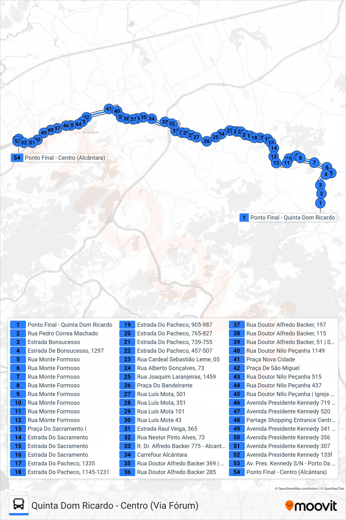 Rota e paradas da linha de ônibus 49B (Centro) no mapa