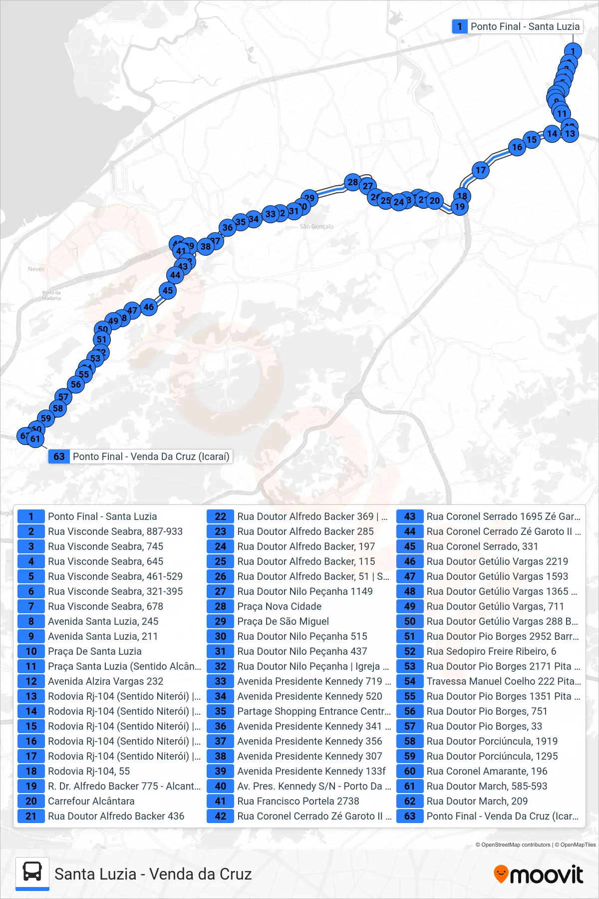 Rota e paradas da linha de ônibus 12A (Venda Da Cruz) no mapa