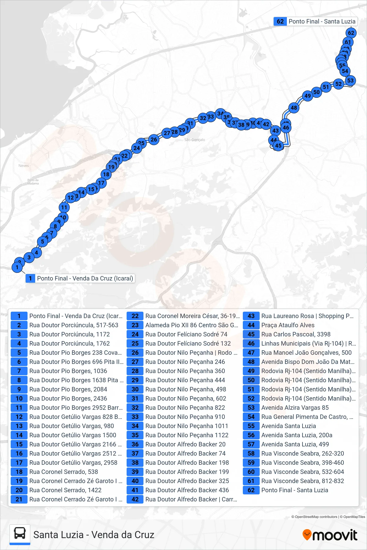 Rota e paradas da linha de ônibus 12A (Santa Luzia) no mapa