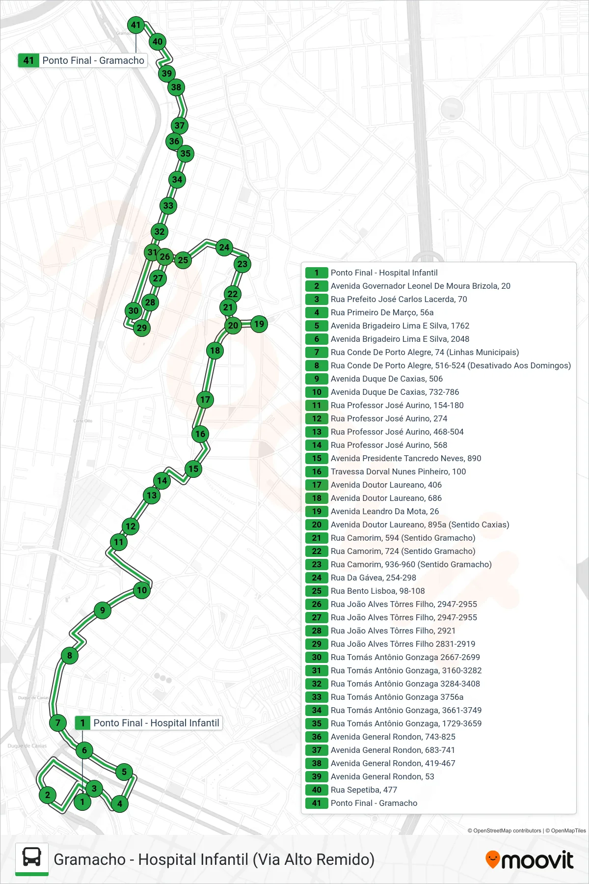 Rota e paradas da linha de ônibus 34 (Gramacho) no mapa