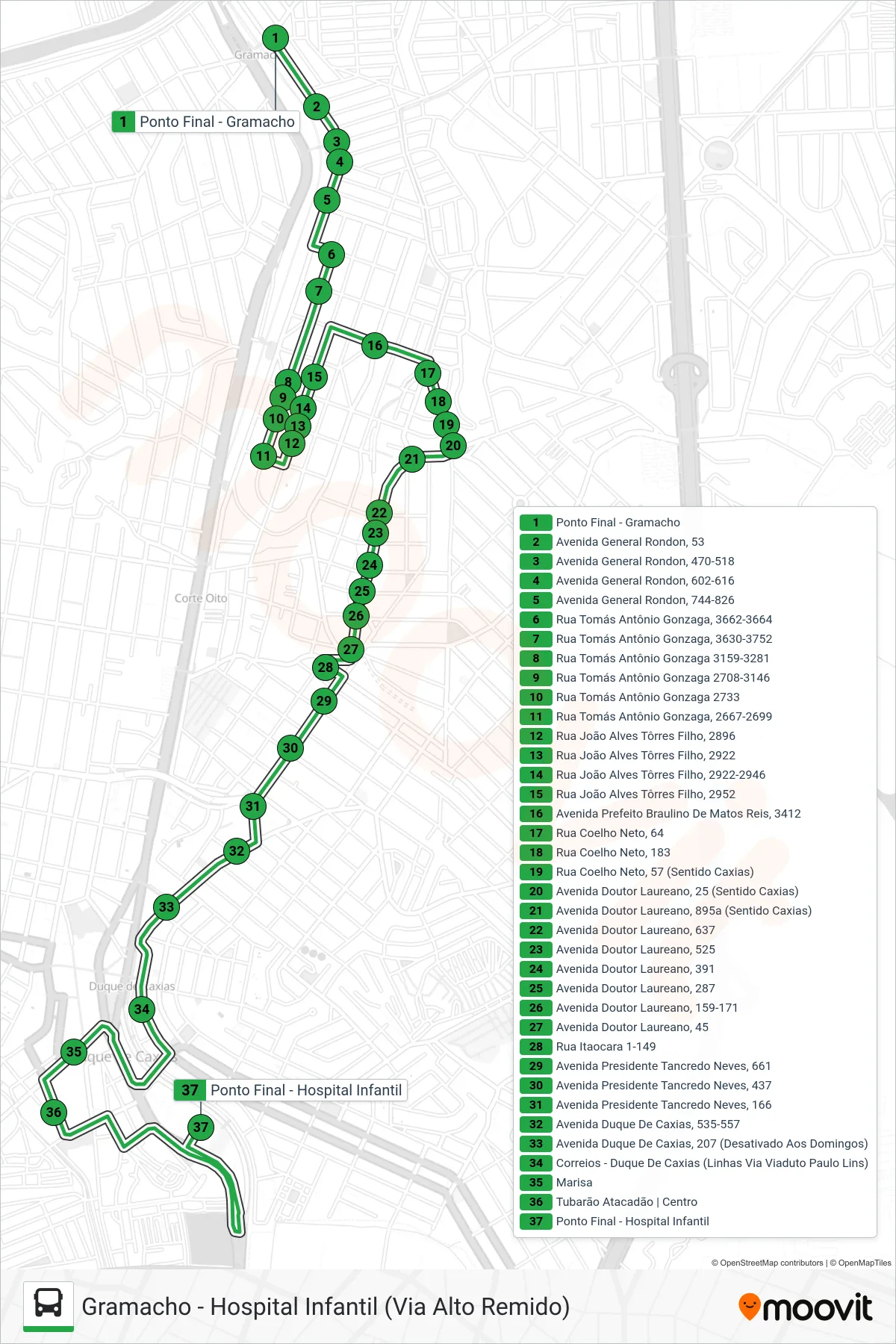 Rota e paradas da linha de ônibus  34  (Hospital Infantil) no mapa
