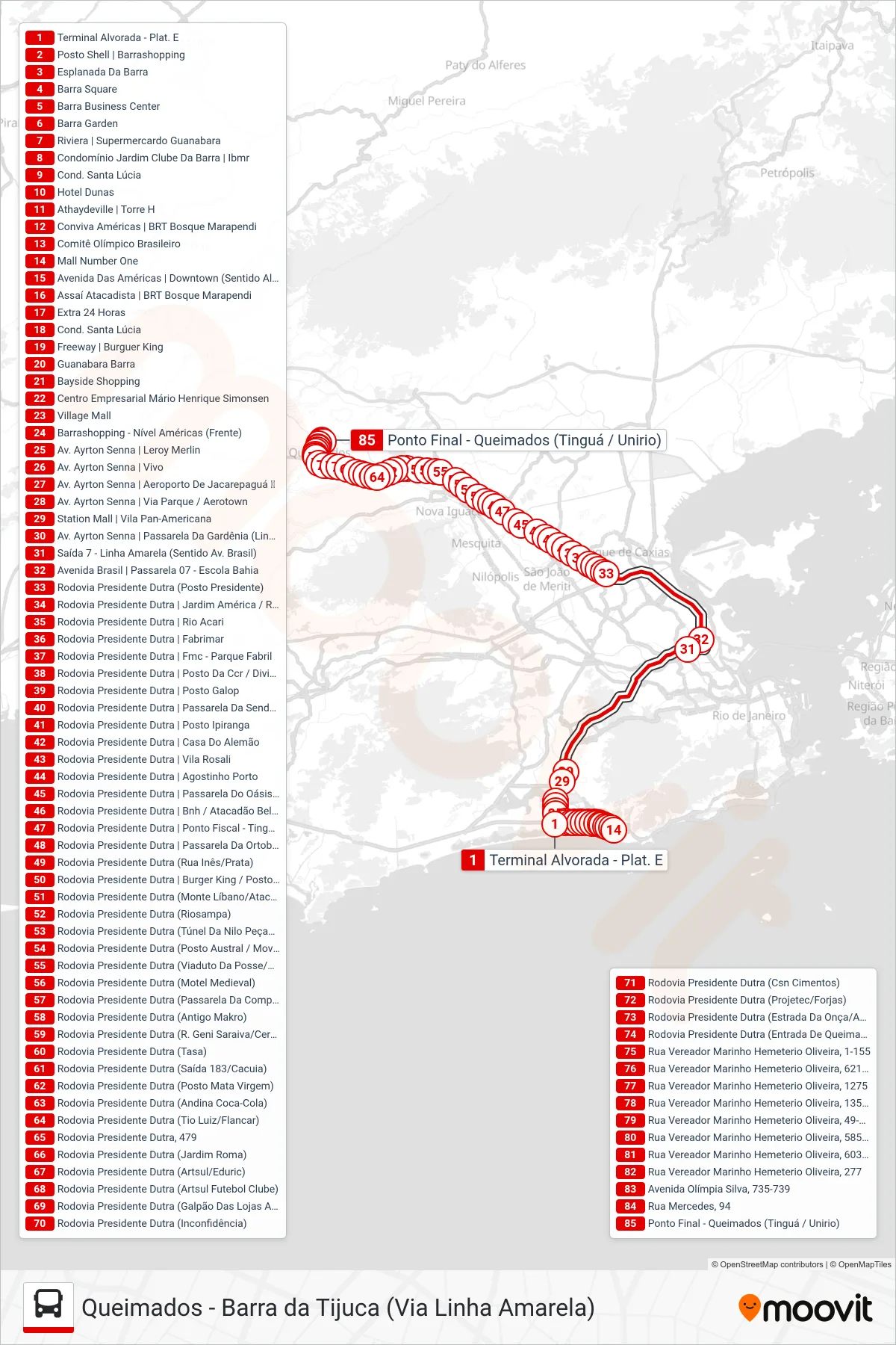 Rota e paradas da linha de ônibus 425T (Queimados) no mapa