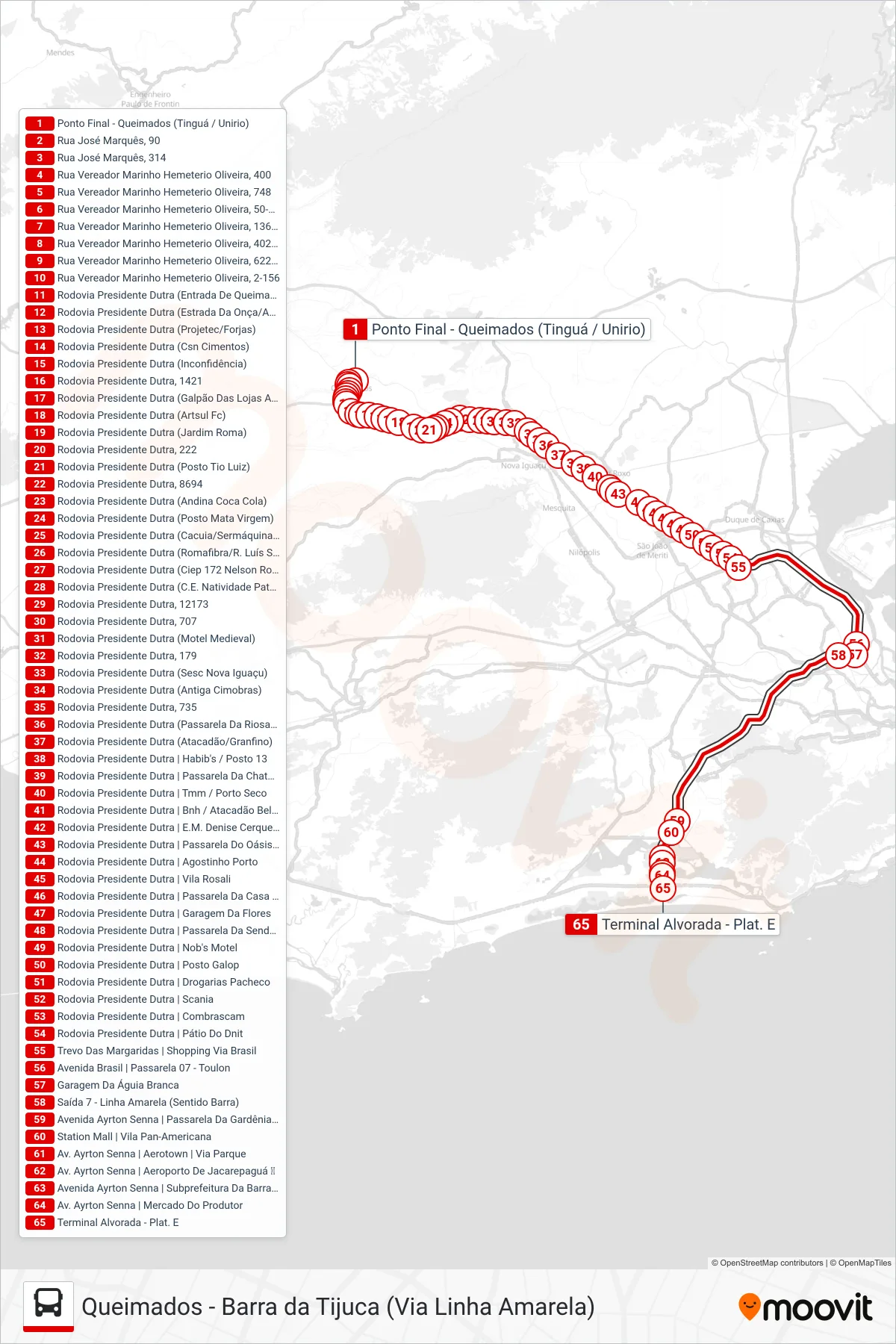 Rota e paradas da linha de ônibus 425T (Barra Da Tijuca) no mapa