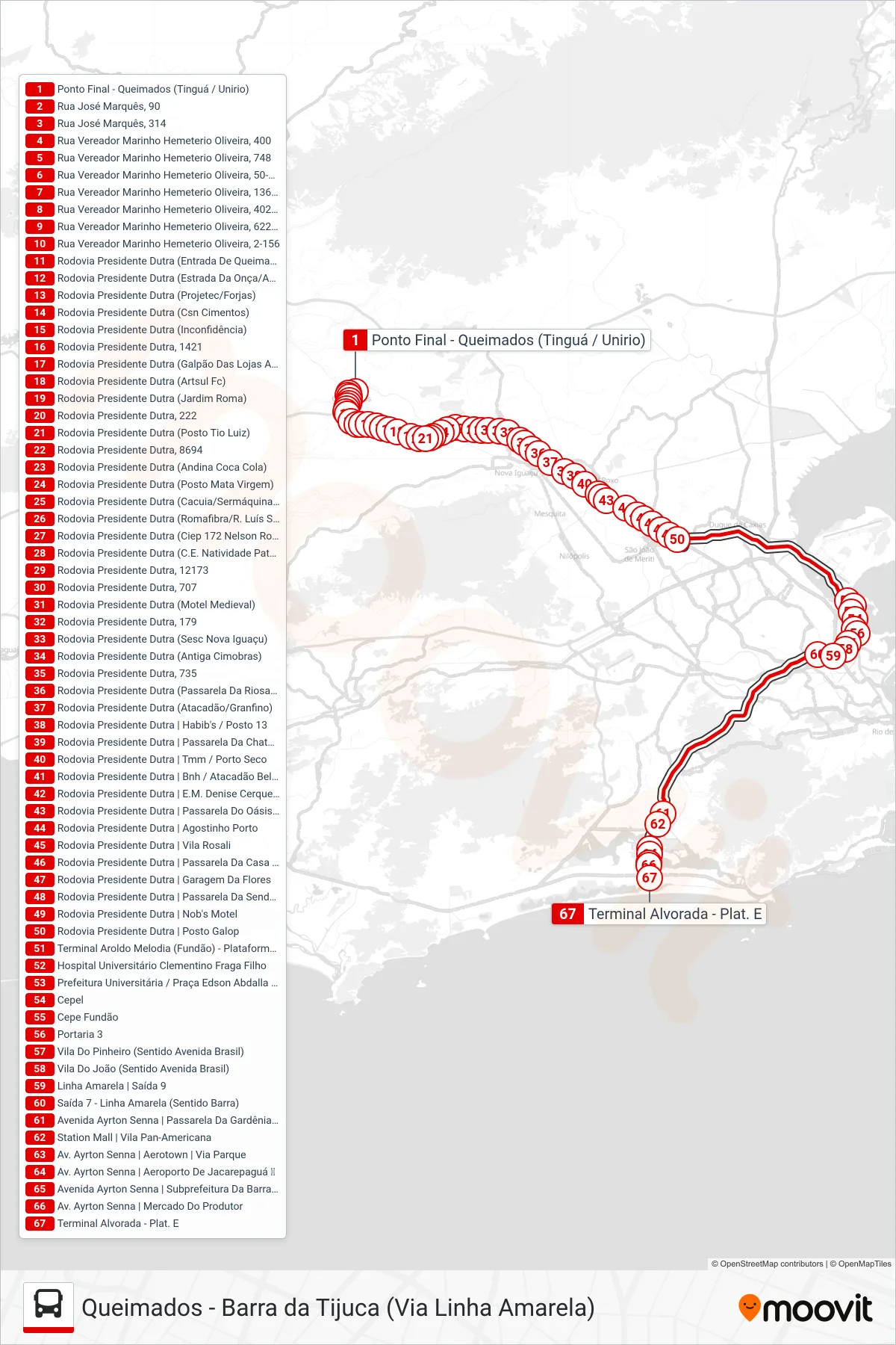 Rota e paradas da linha de ônibus 425T (Barra Da Tijuca (Via Fundão)) no mapa