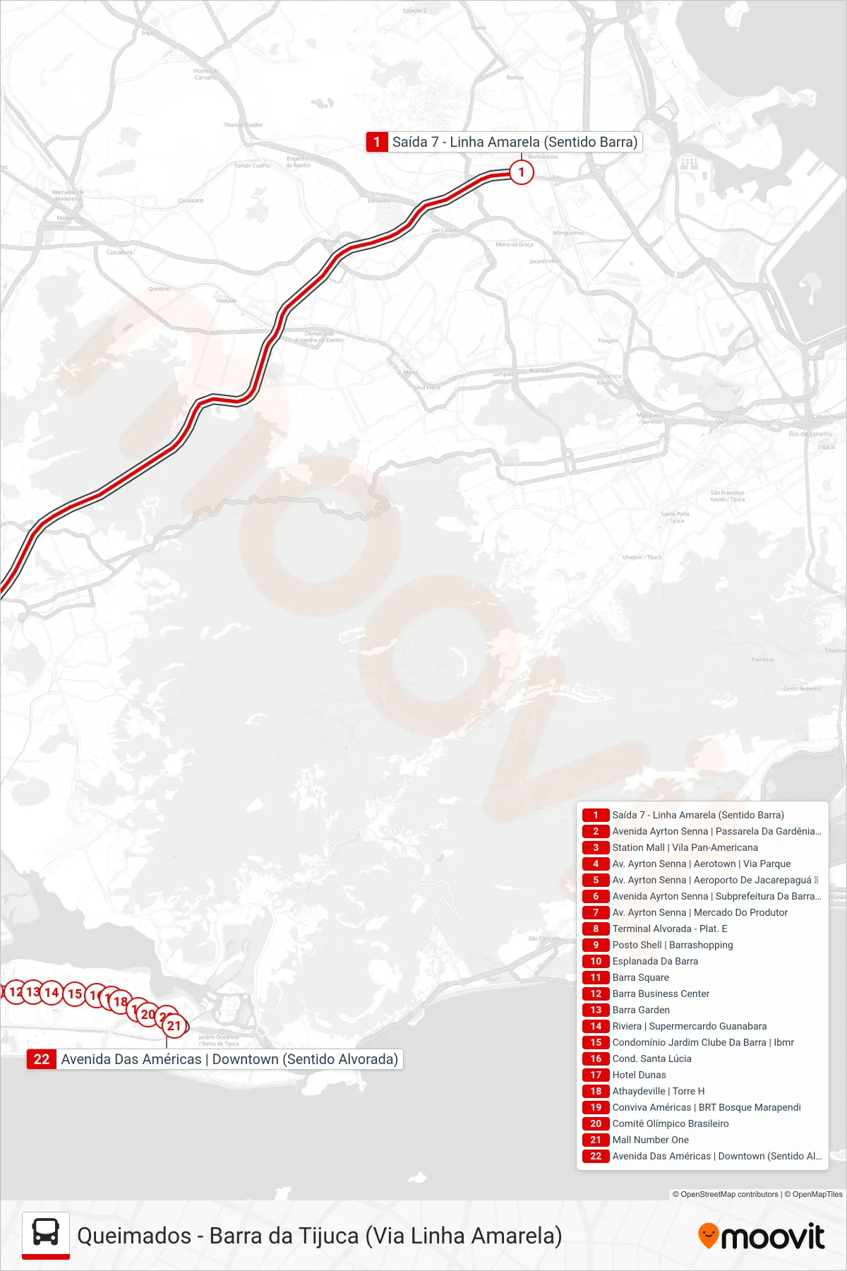 Rota e paradas da linha de ônibus 425T (Saída 7 → Barra Da Tijuca) no mapa