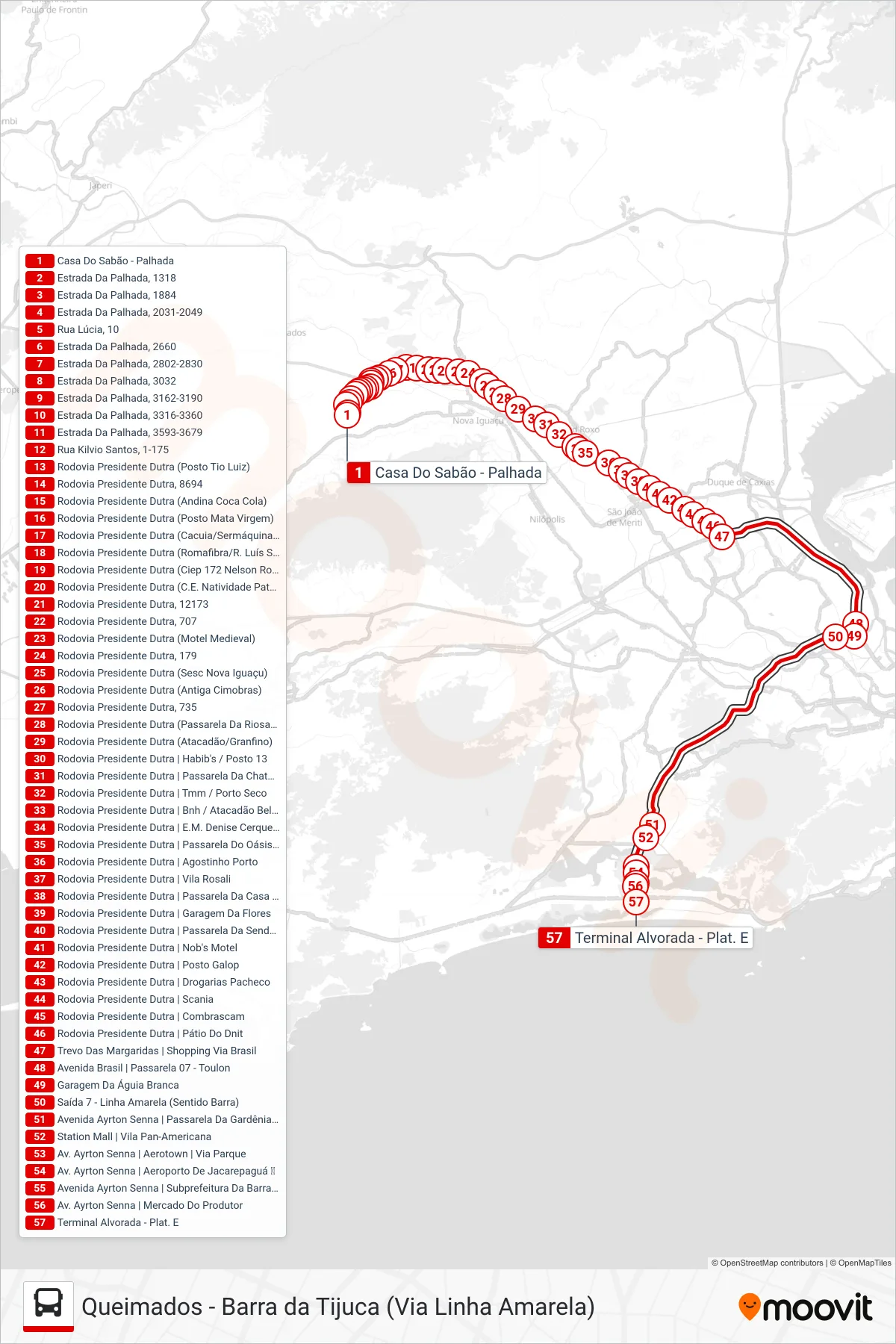 Rota e paradas da linha de ônibus 425T (Barra da Tijuca (saída da Palhada)) no mapa