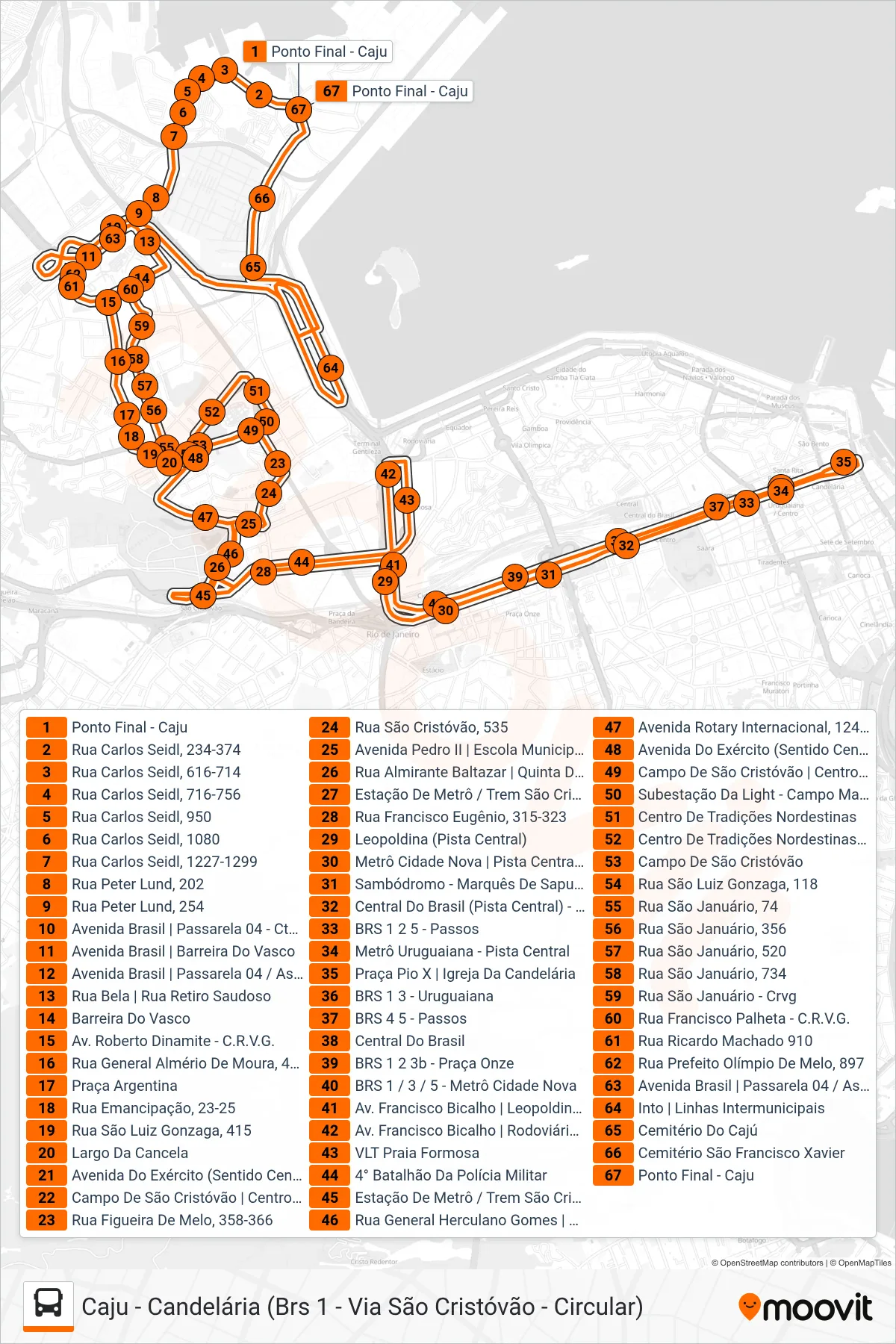 Rota e paradas da linha de ônibus  209  (Caju ↔ Candelária (Circular)) no mapa