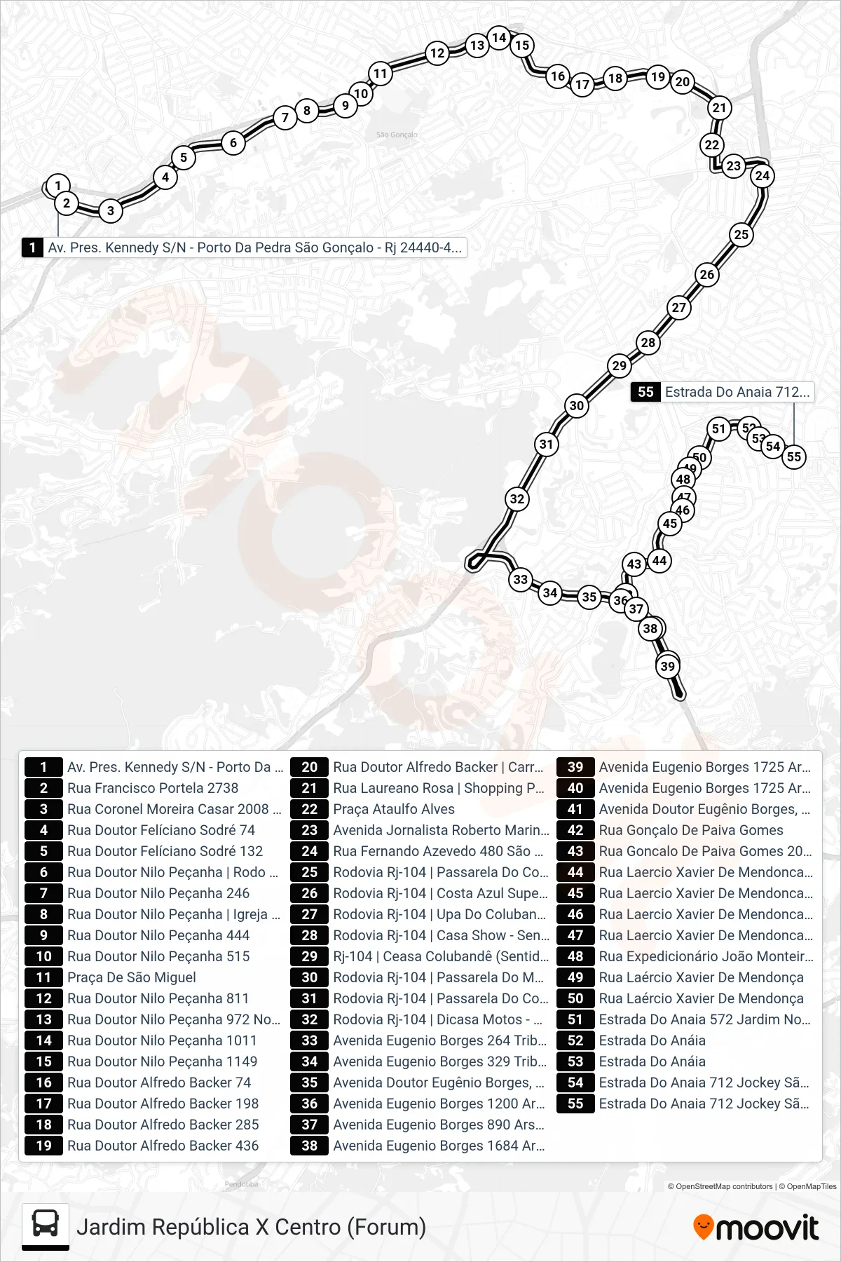 Rota e paradas da linha de ônibus 43 (Jardim República) no mapa