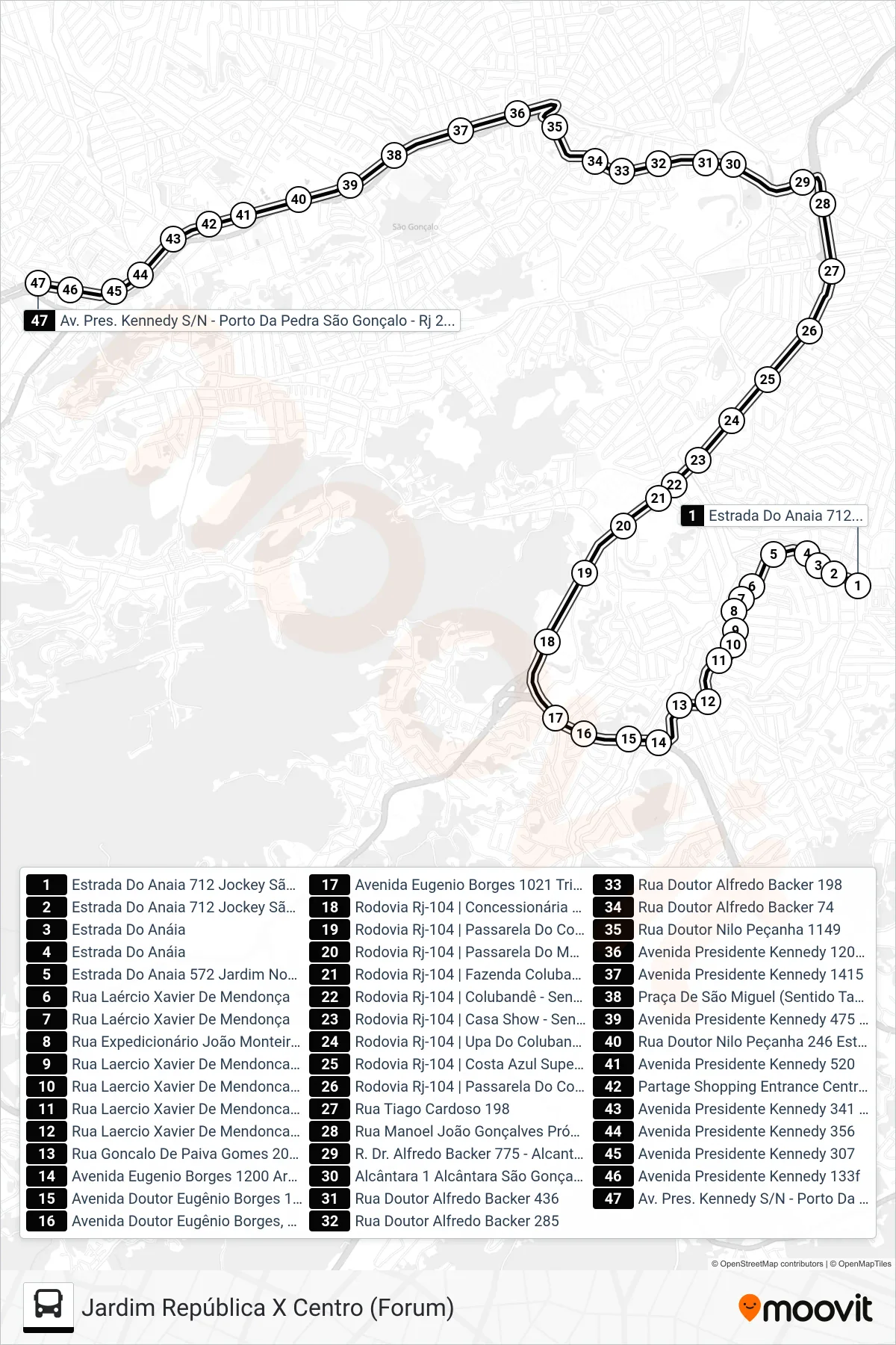 Rota e paradas da linha de ônibus 43 (Tamoio) no mapa