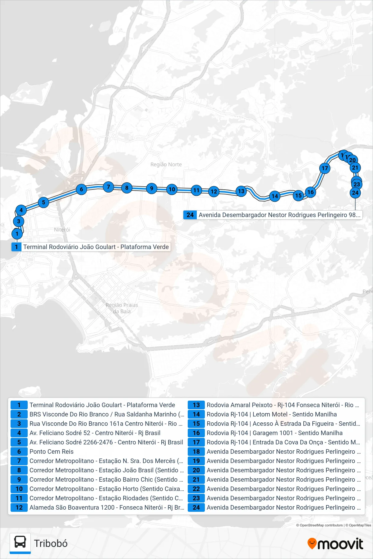 Rota e paradas da linha de ônibus 580M (Tribobó) no mapa