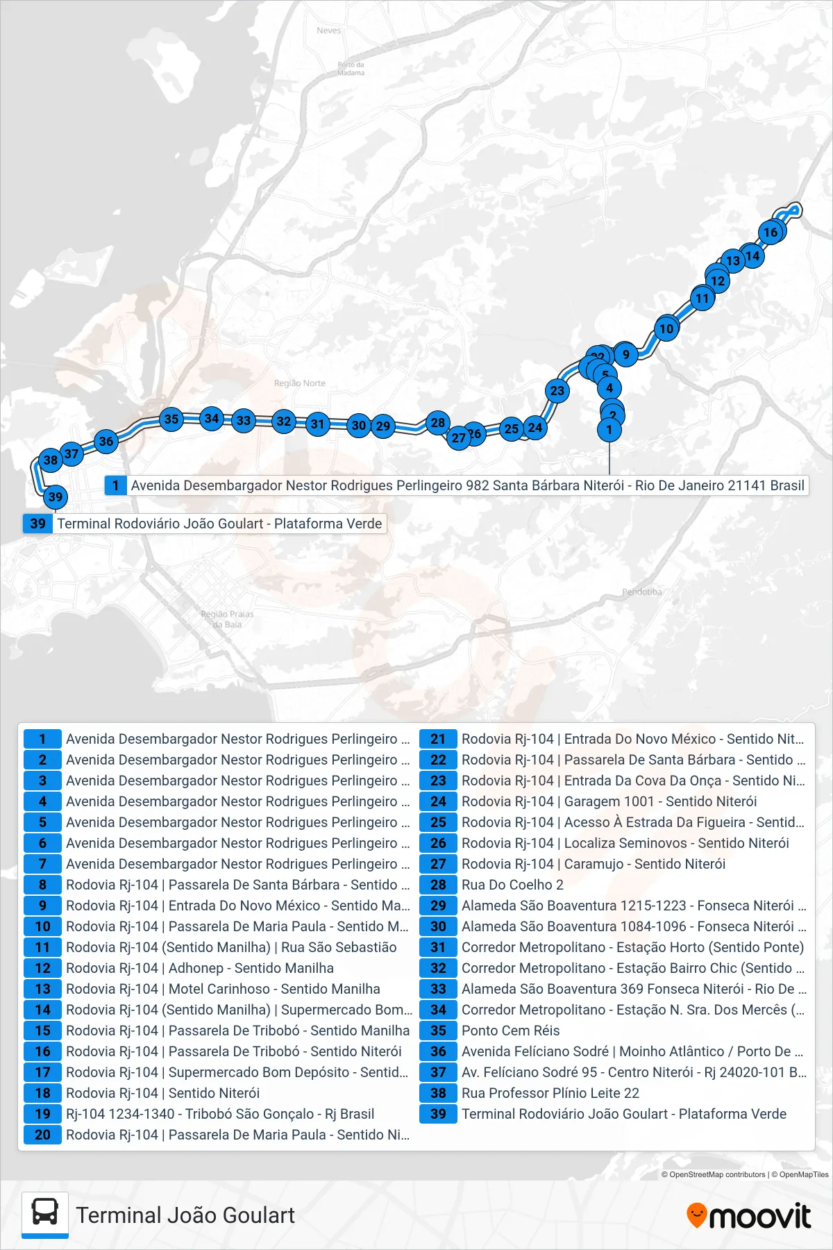 Rota e paradas da linha de ônibus 580M (Terminal João Goulart) no mapa