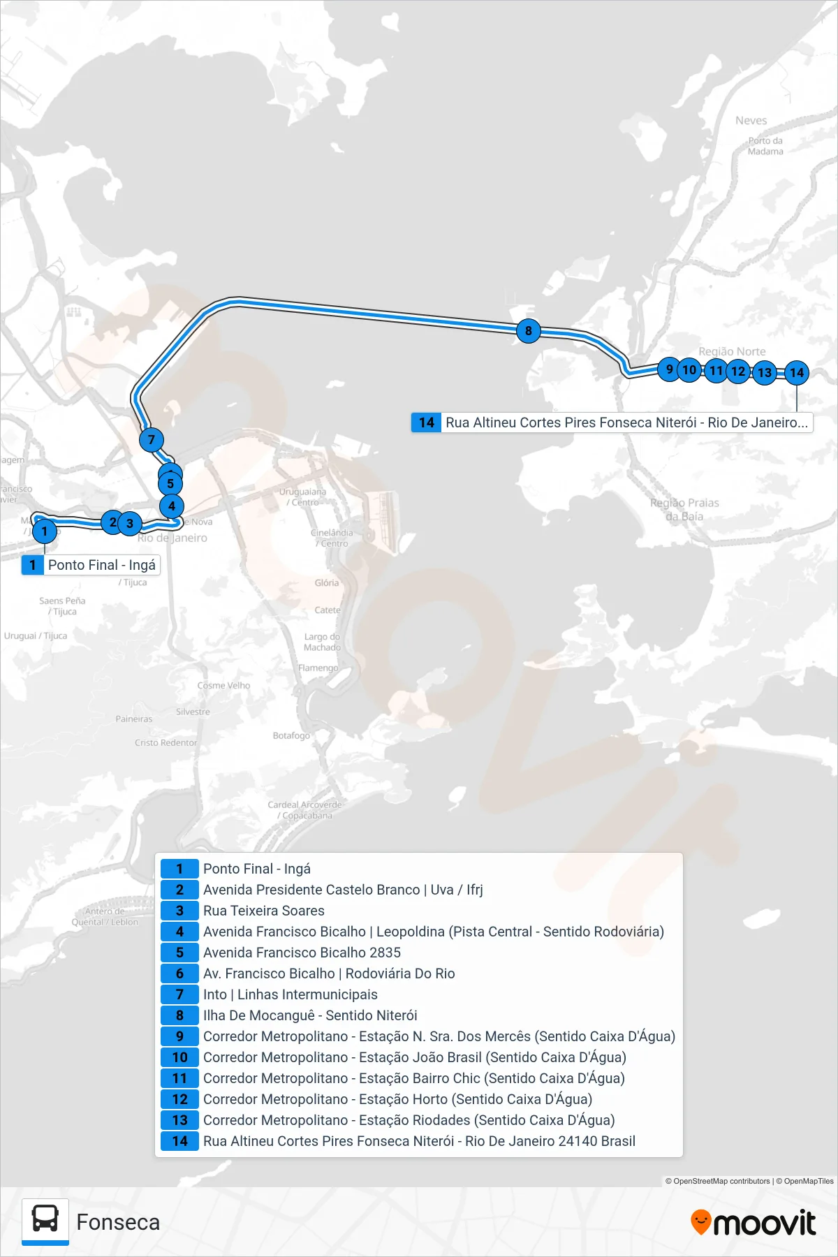 Rota e paradas da linha de ônibus 725D (Fonseca) no mapa