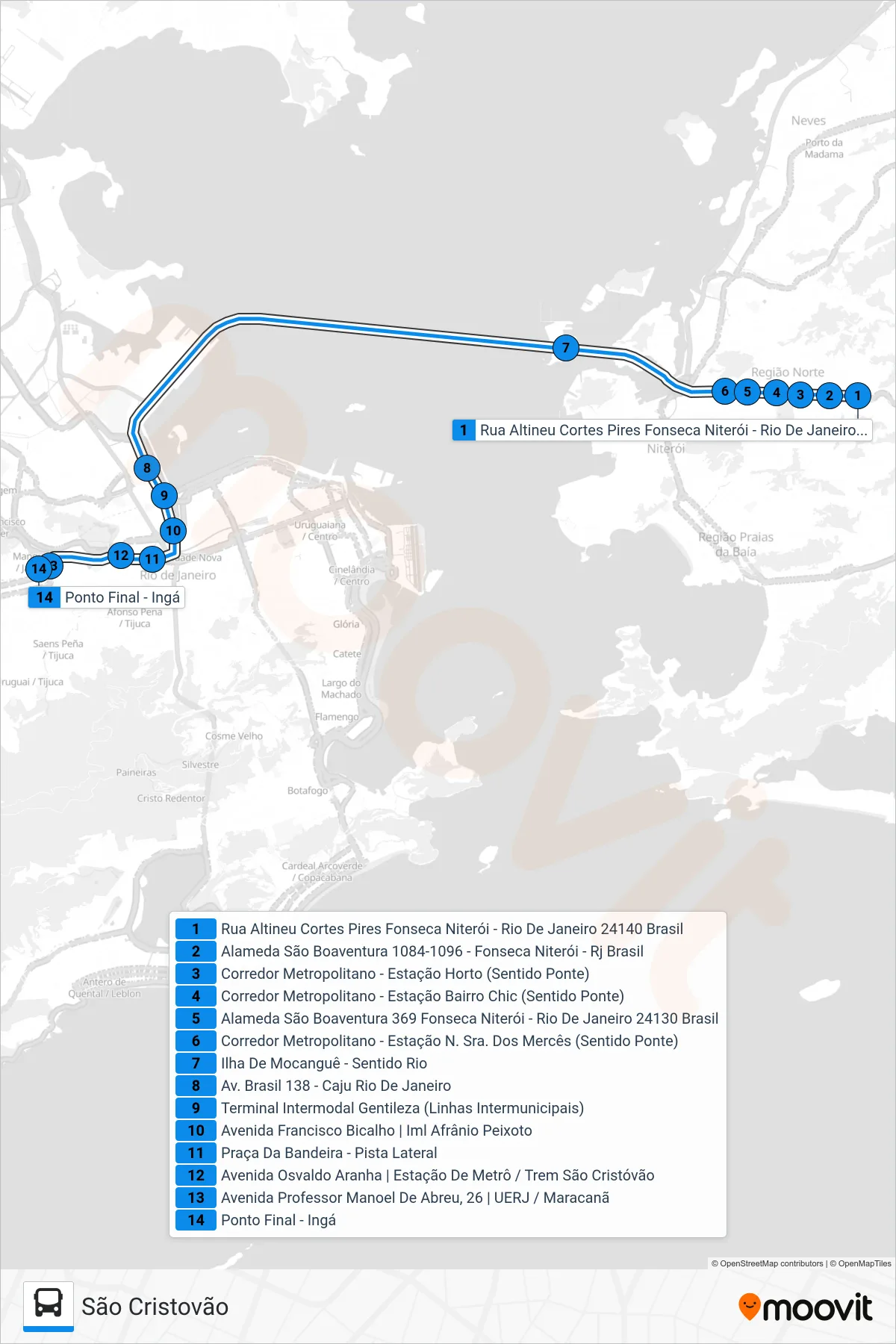 Rota e paradas da linha de ônibus 725D (São Cristovão) no mapa