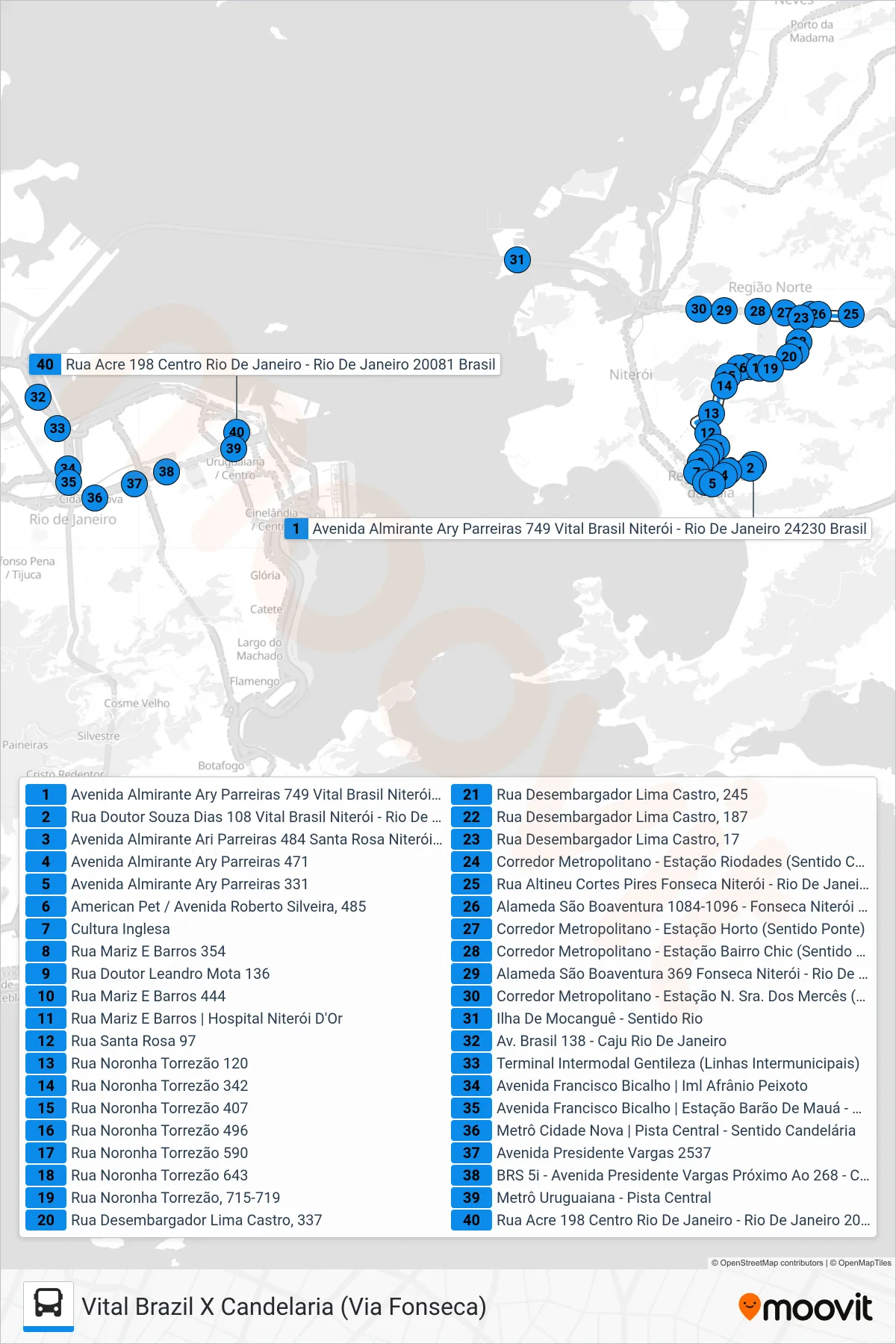 Rota e paradas da linha de ônibus 730D (Candelária) no mapa