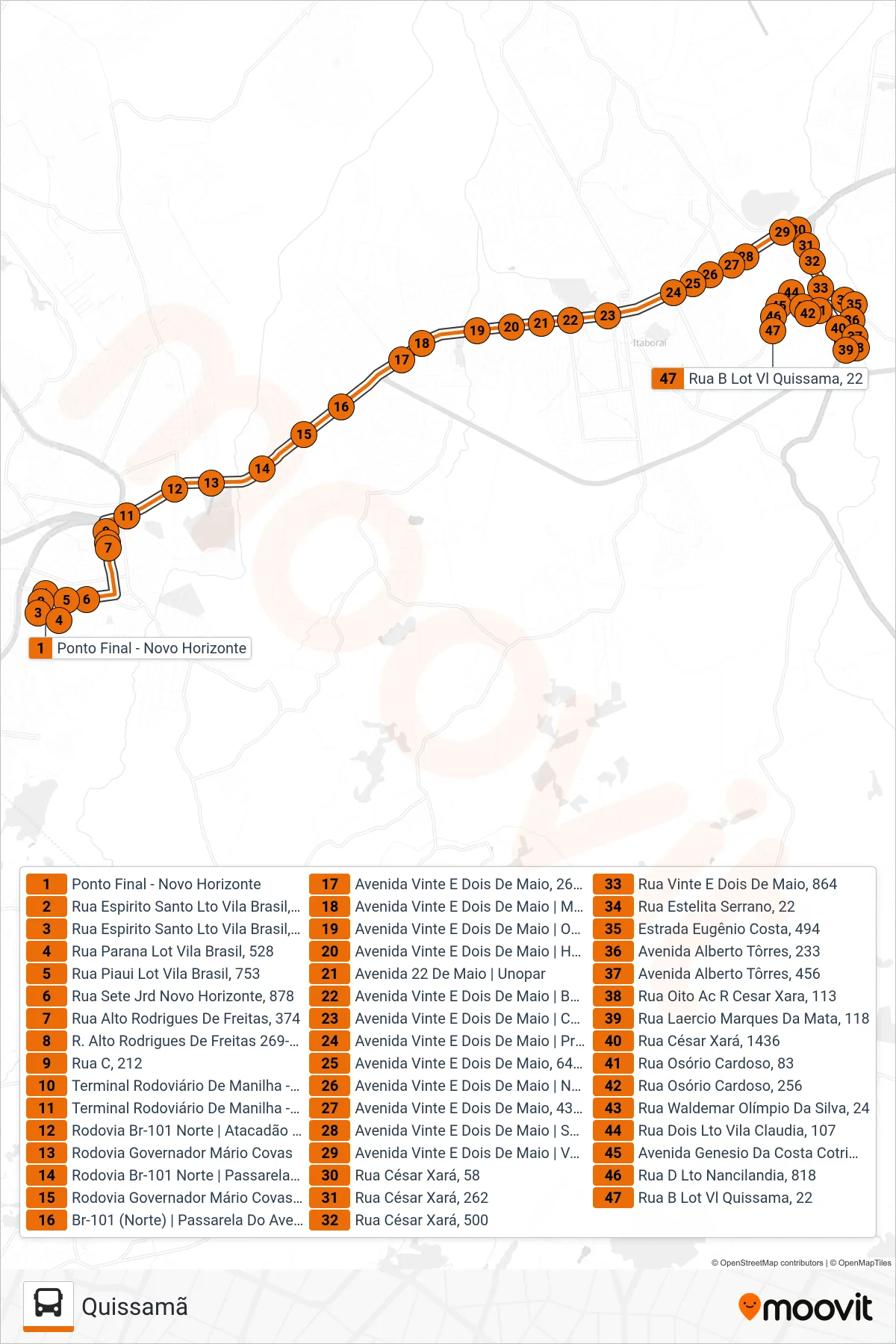 Rota e paradas da linha de ônibus 48 (Quissamã) no mapa