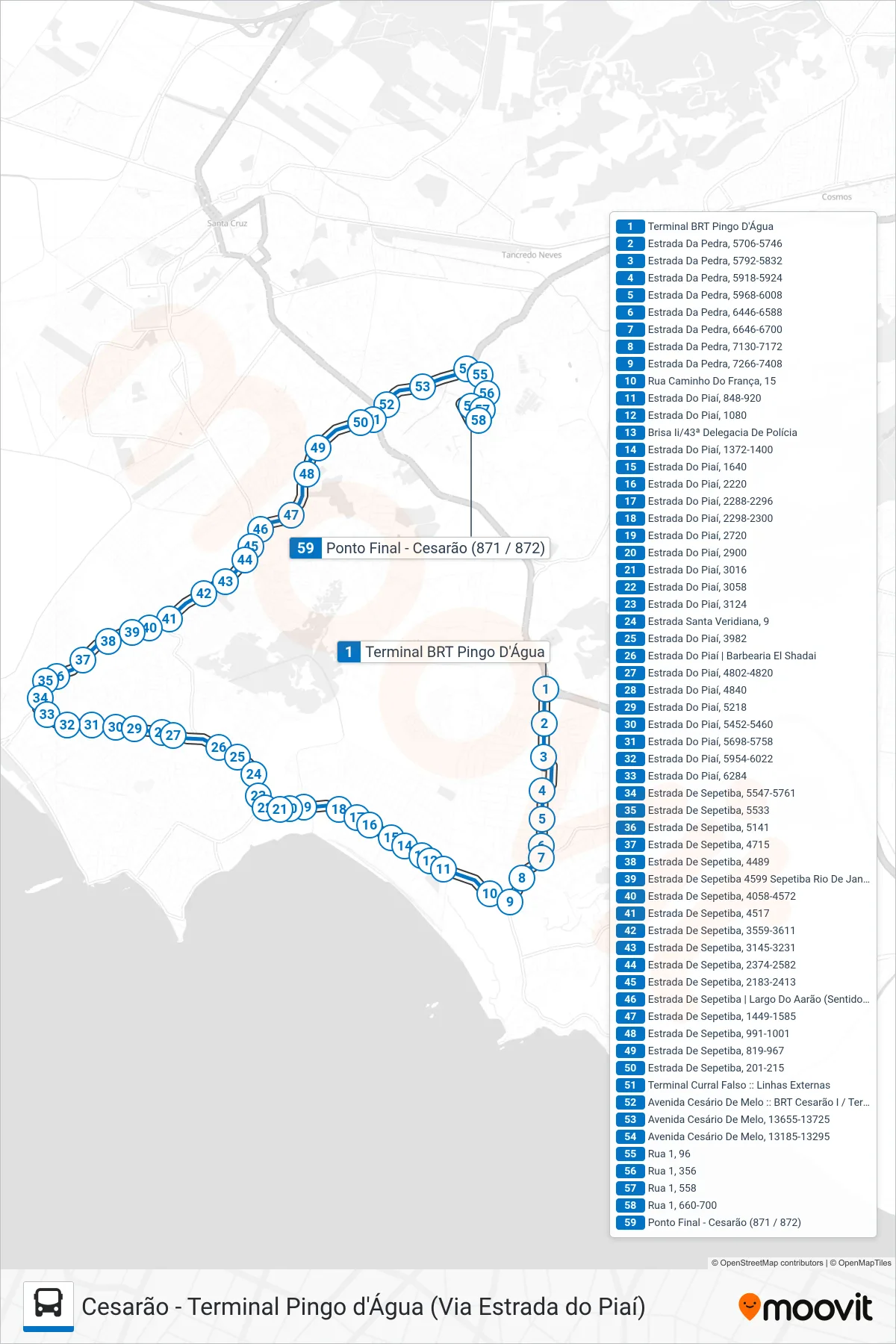 Rota e paradas da linha de ônibus 871 (Cesarão) no mapa