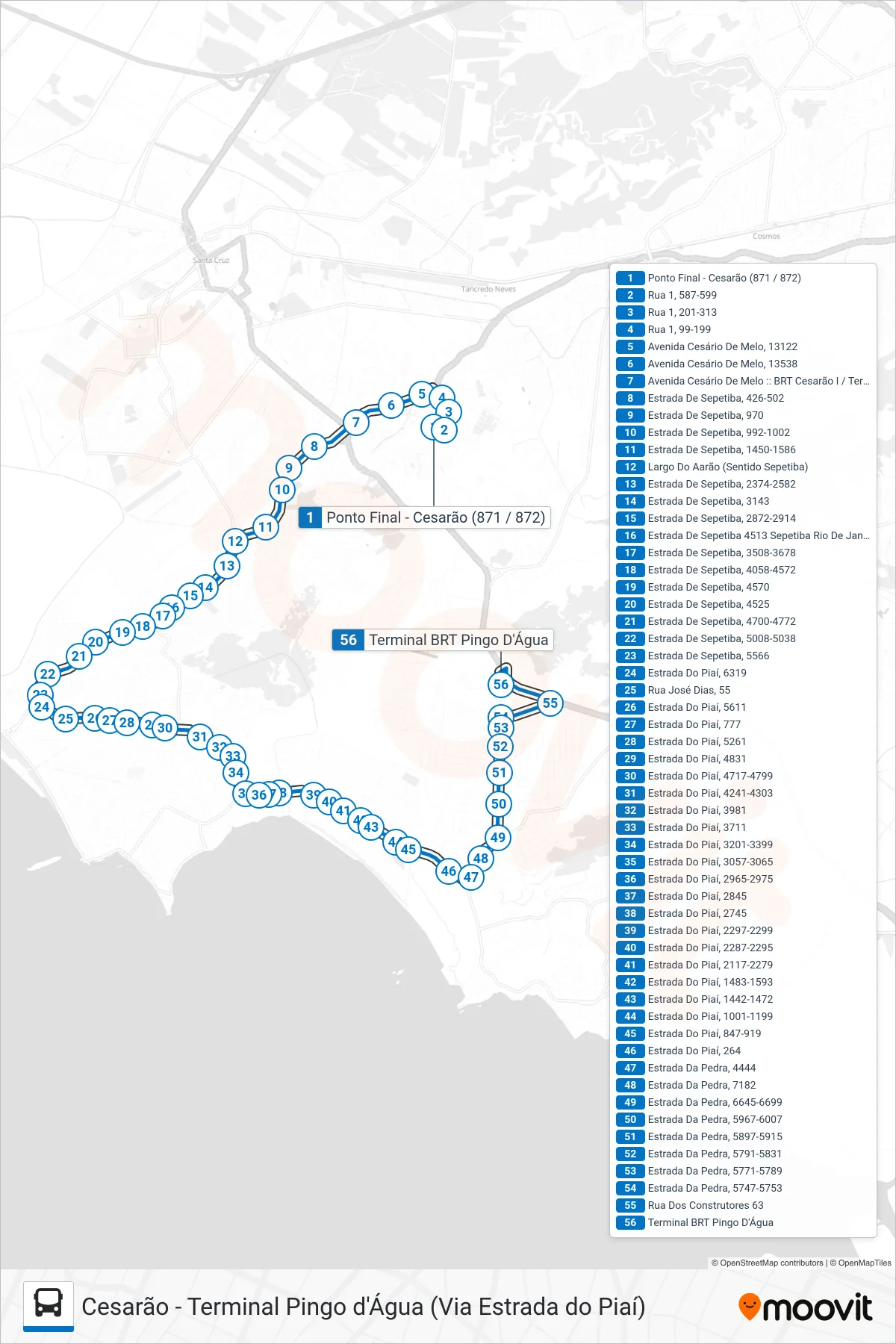 Rota e paradas da linha de ônibus  871  (Terminal Pingo D'Água) no mapa